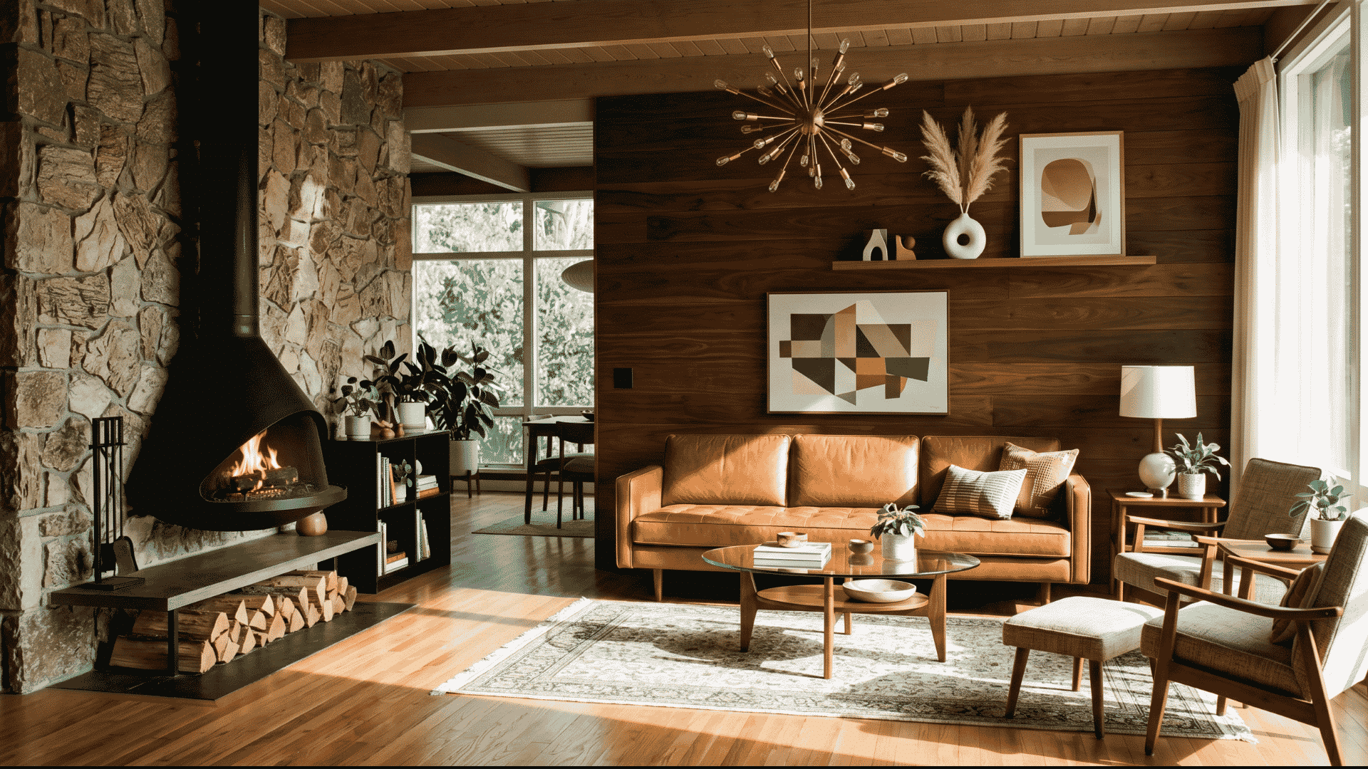 mid century modern living room with suspended black fireplace wood paneled walls leather sofa and warm natural sunlight