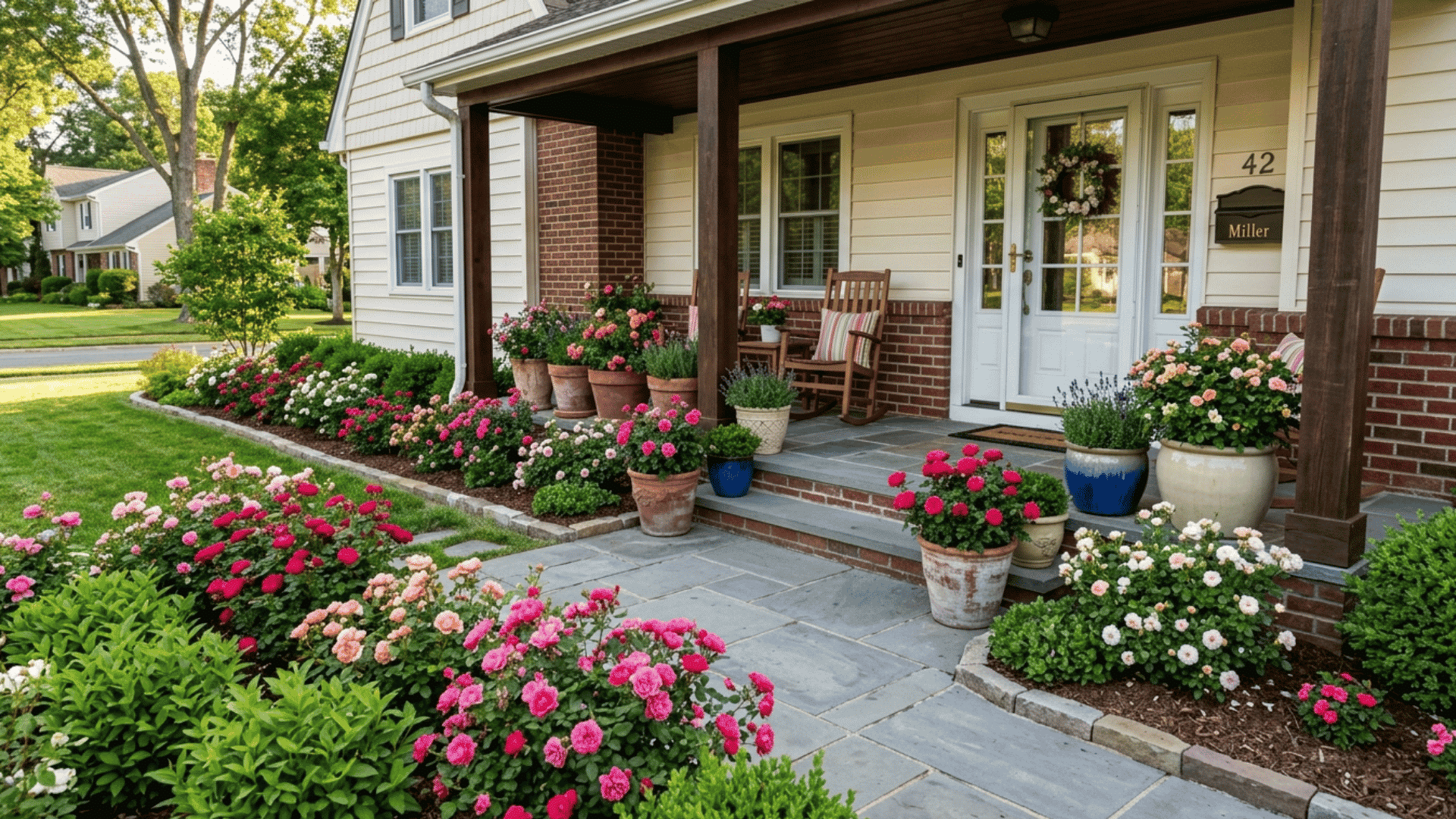 Mini roses colorful mini roses blooming beside front porch in small landscaped garden beds