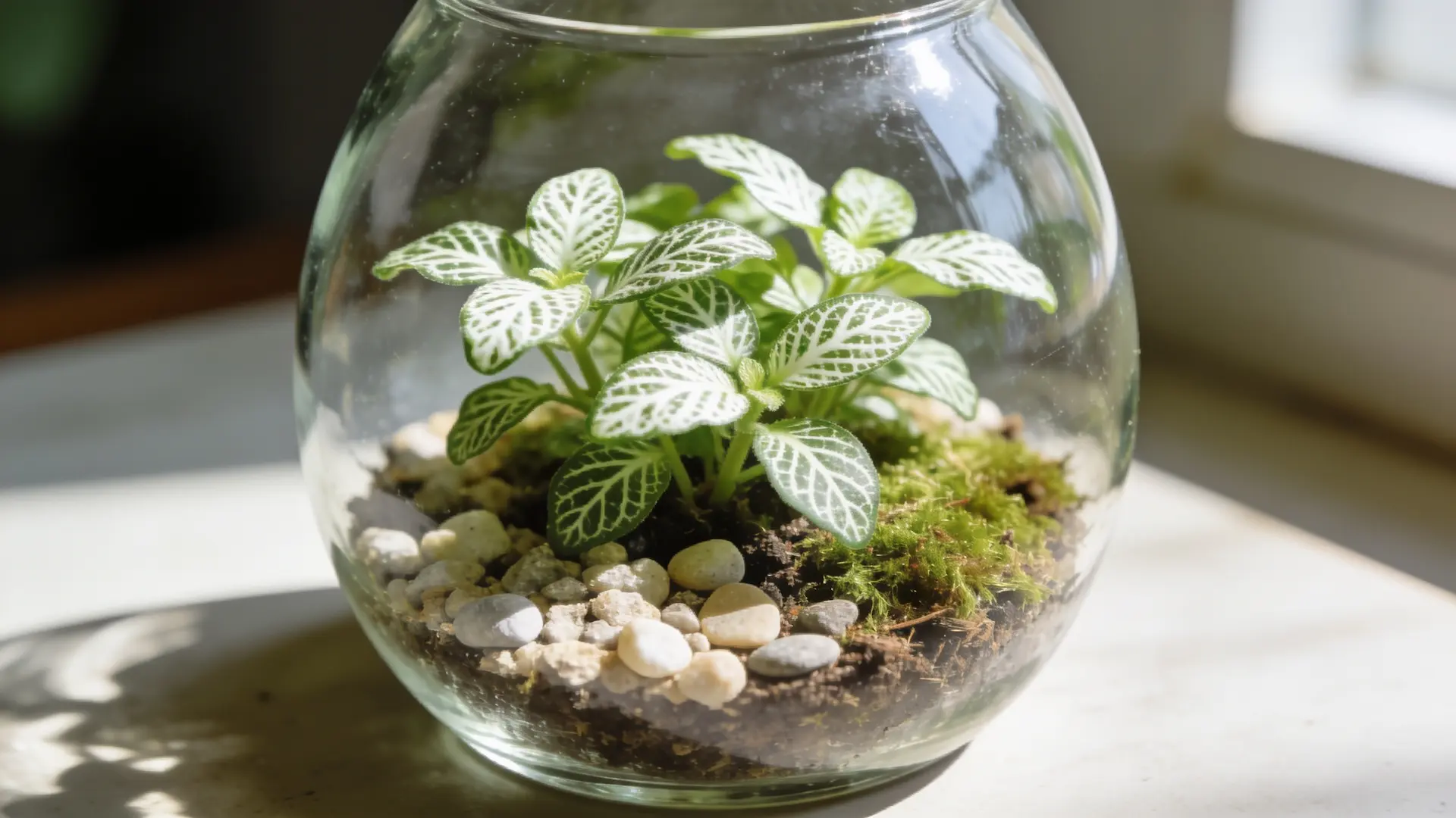 mini white fittonia and juanita fittonia plants displayed together in small indoor pots