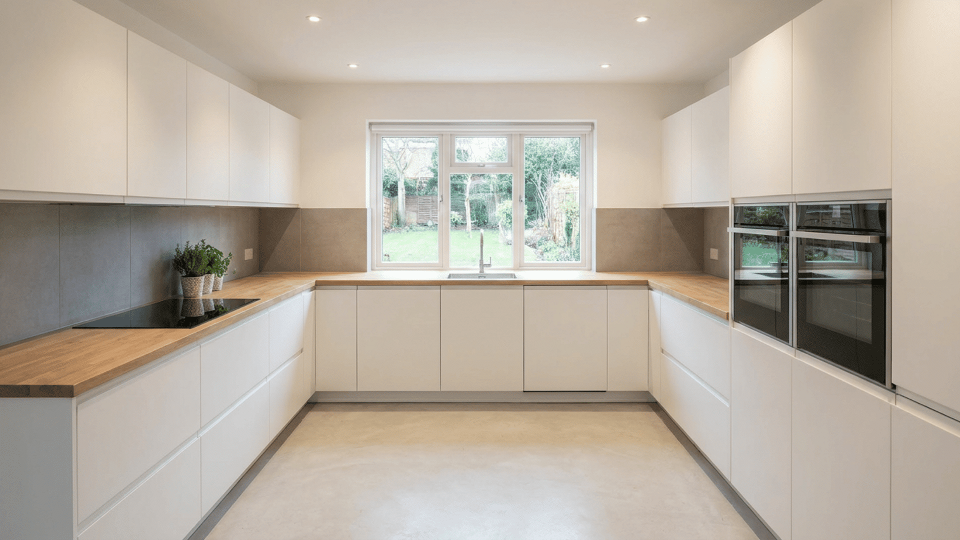 minimal white kitchen with wooden countertops built in ovens large window and sleek cabinets in modern design