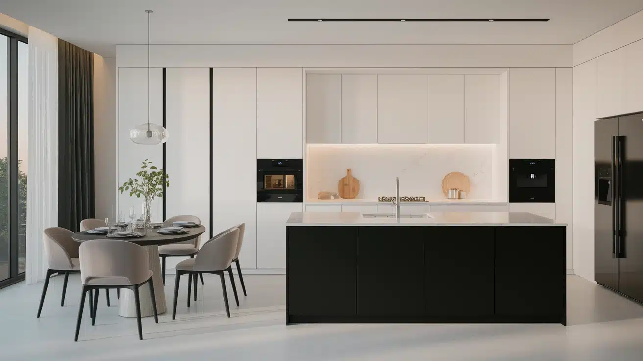 Minimal black and white kitchen with marble counters, sink, stove, side-angle perspective