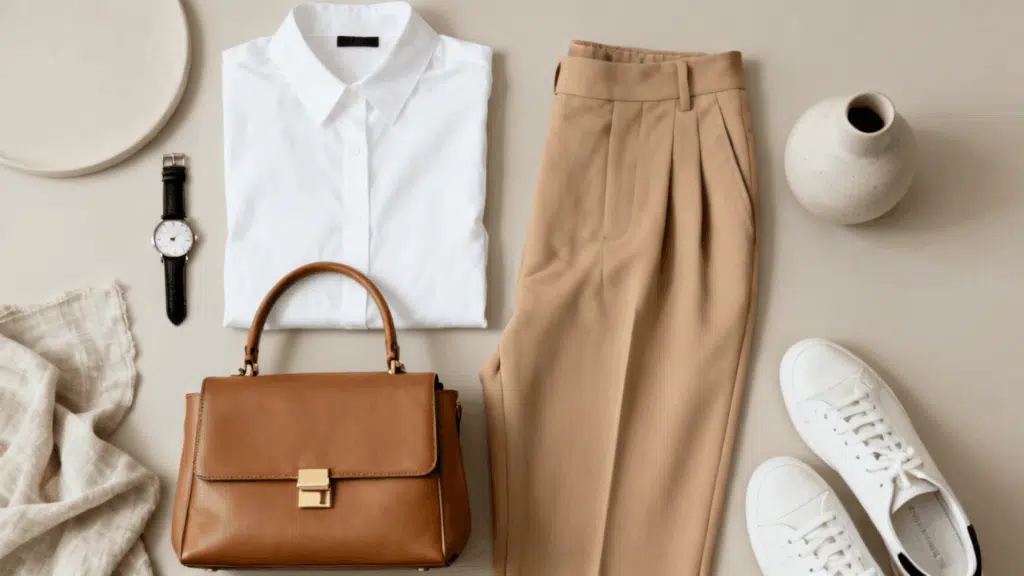 minimalist aesthetic with neutral clothing leather accessories clean lines and timeless everyday fashion
