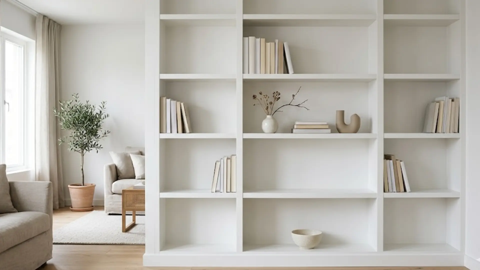 white built-in bookshelf with black books and bold geometric sculptures in a black and white contrast