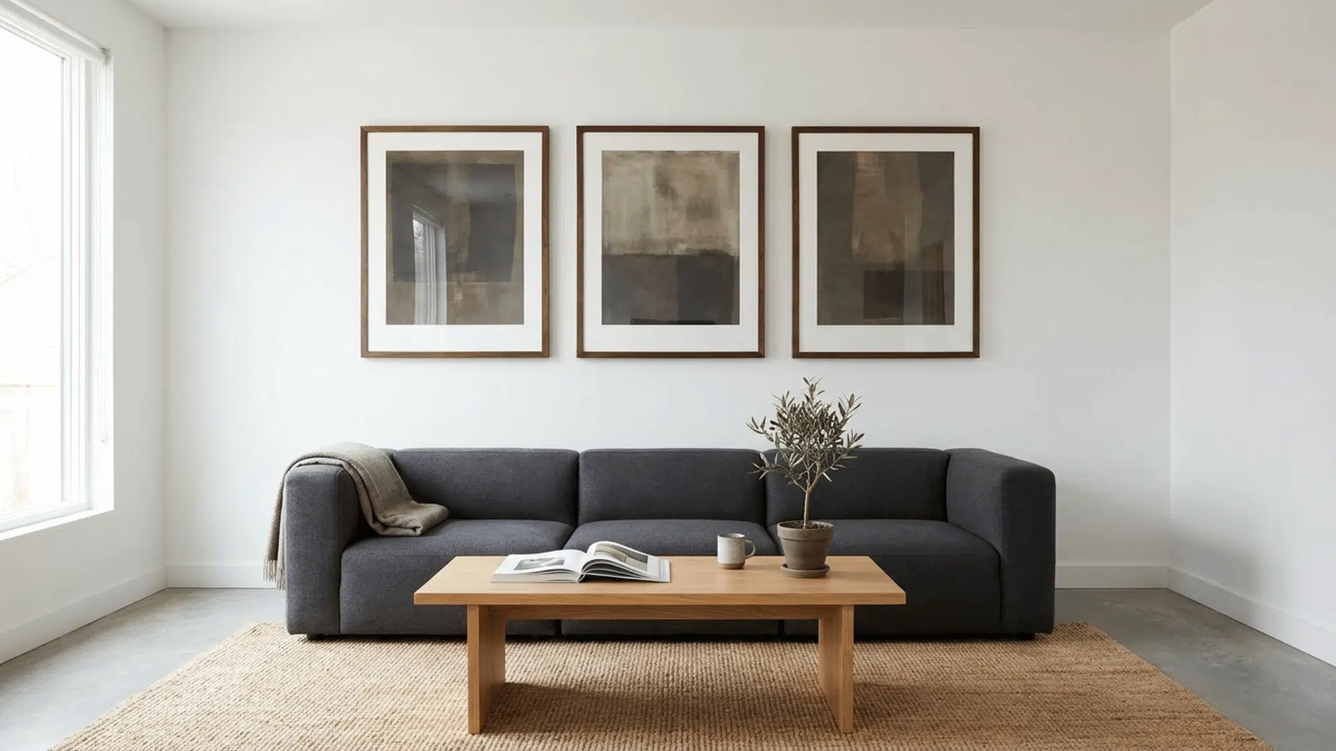 minimalist gallery wall with three framed artworks and ample wall space