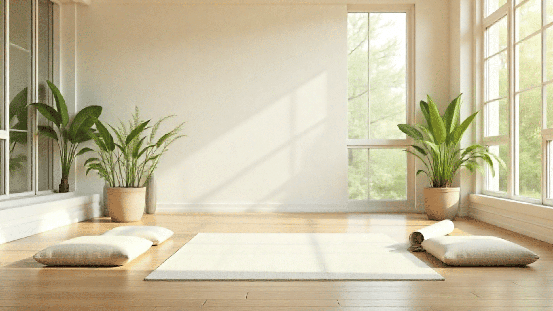 minimalist meditation room open hardwood floor cushions yoga mat floor to ceiling windows soft sunlight white walls peace lily plants serene zen atmosphere