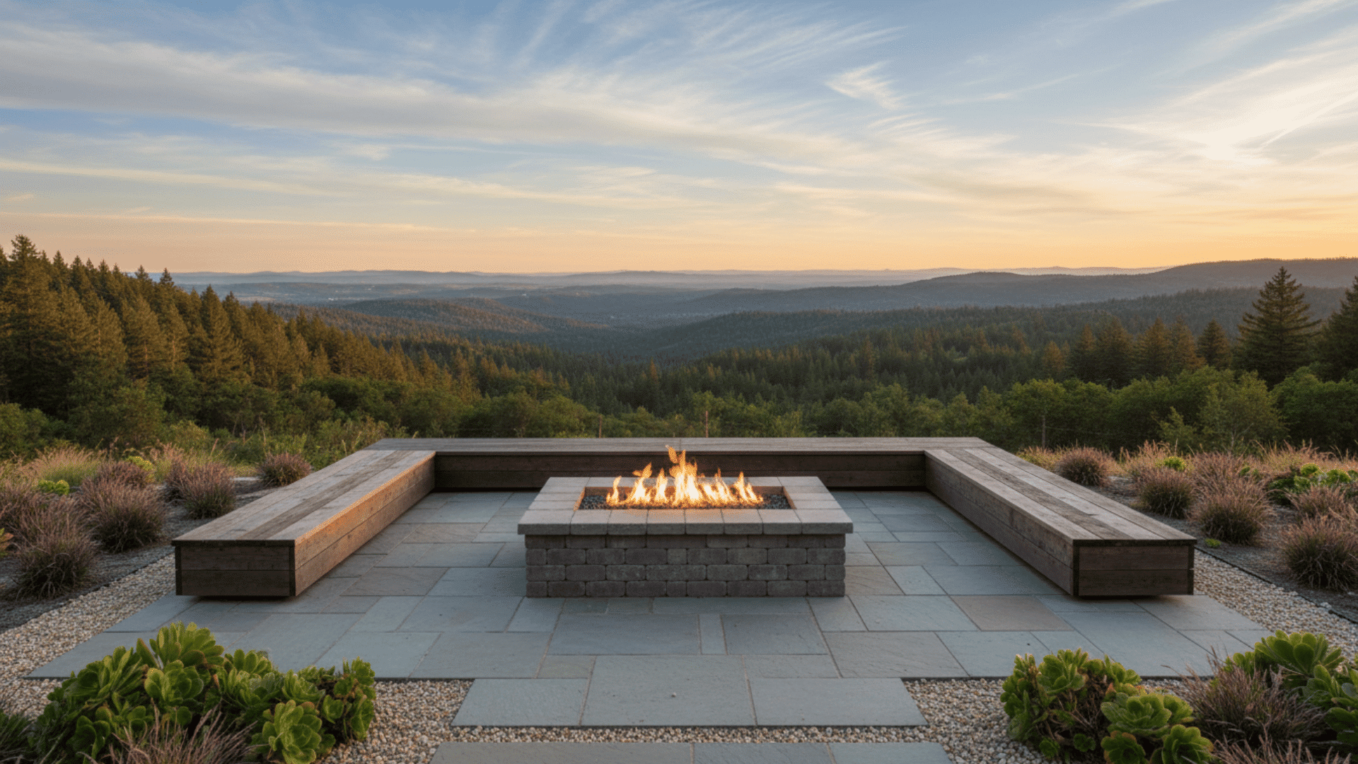 minimalist rectangular fire pit with built-in wooden bench seating, overlooking a forested mountain view