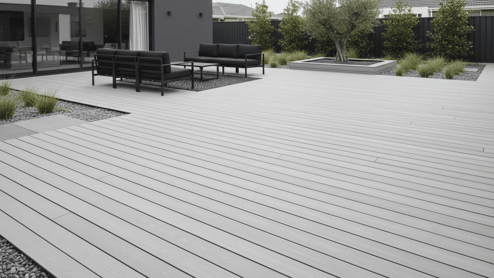 minimalist wide board composite deck with clean lines and open backyard layout