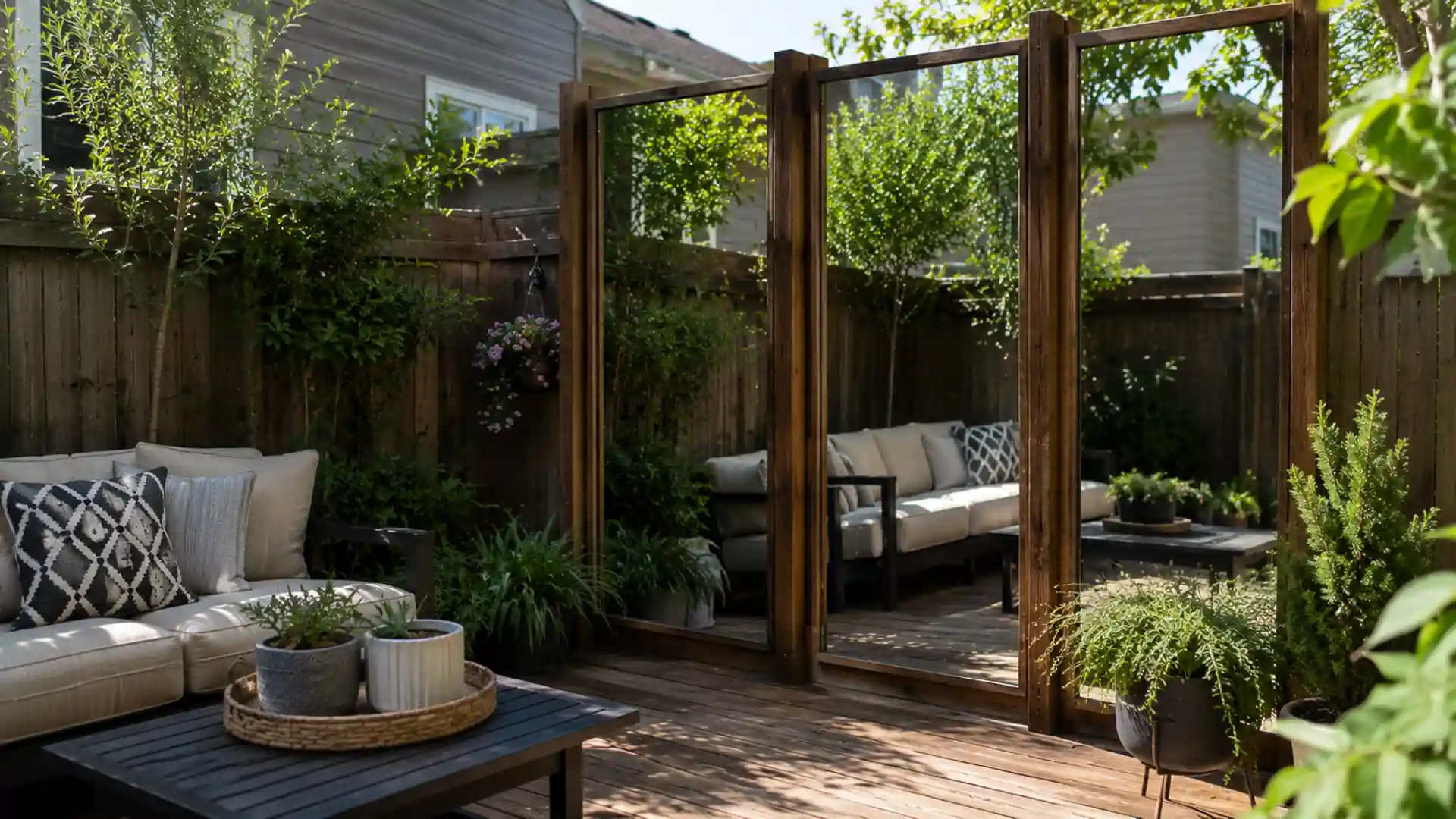 small suburban backyard patio with tall mirror privacy panels reflecting trees, sky, and outdoor seating area