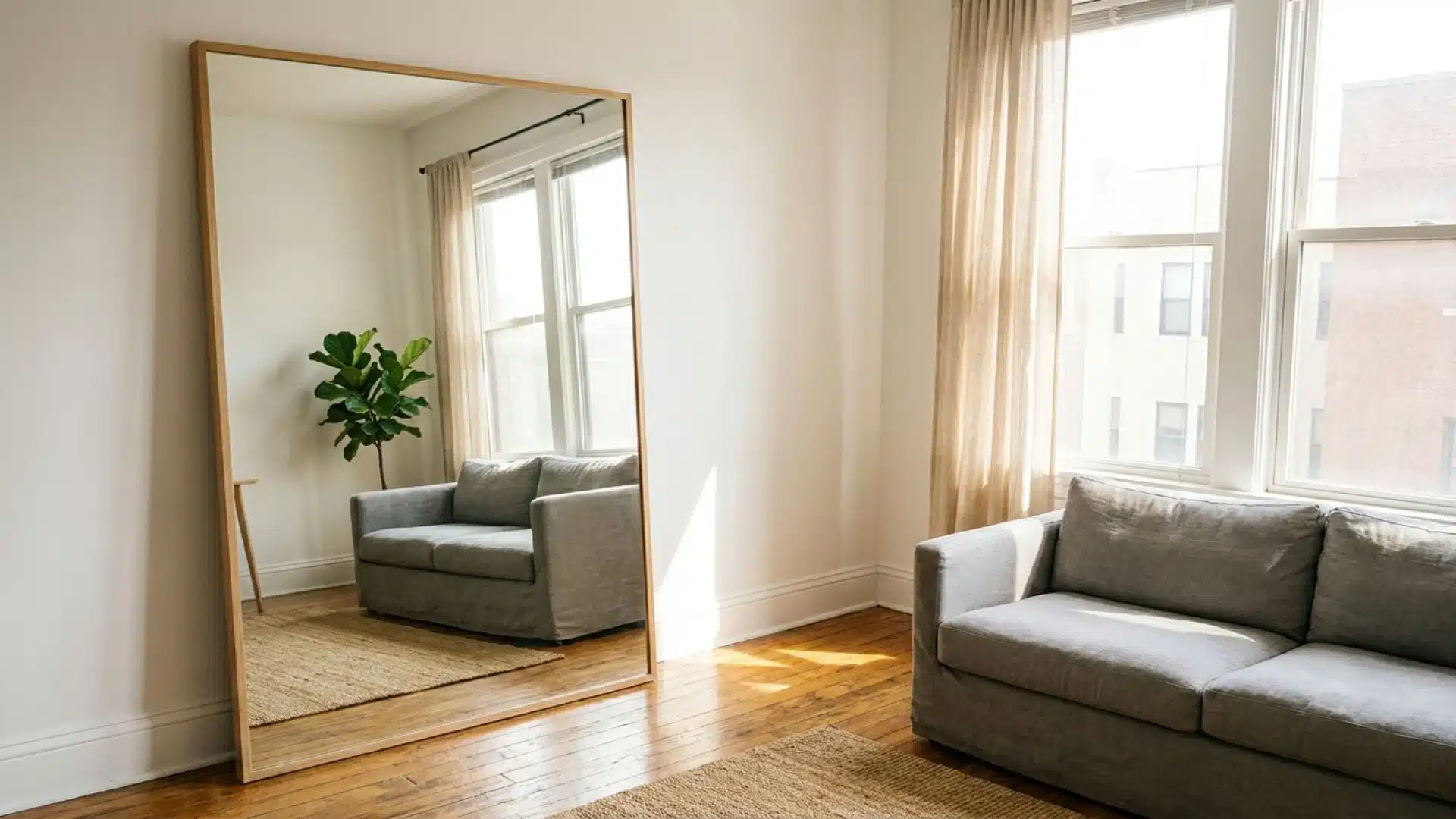 a large floor mirror reflects natural light beside a gray sofa, creating a brighter and more open apartment feel