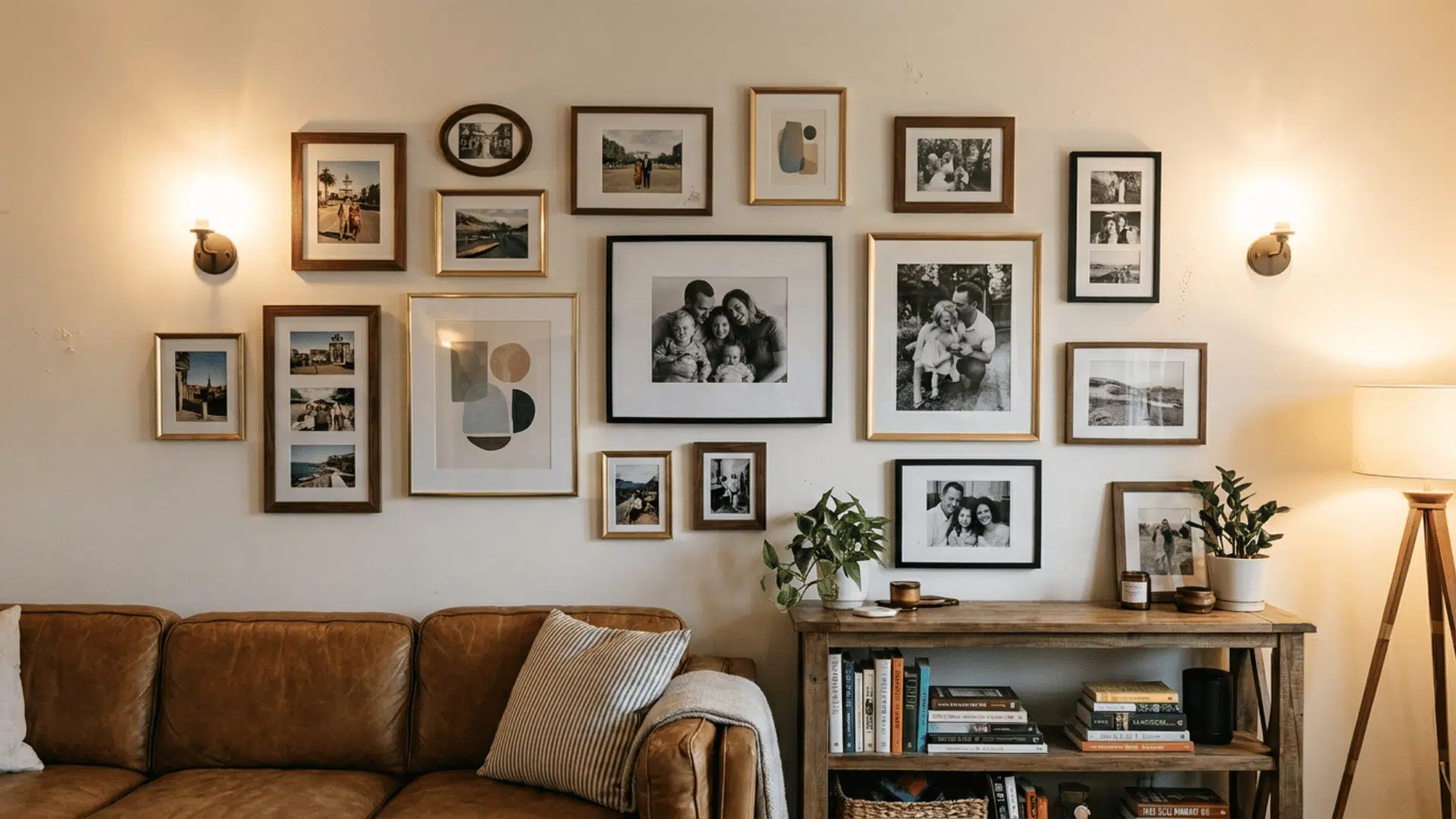 mismatched gallery wall with mixed frame styles and personal photographs