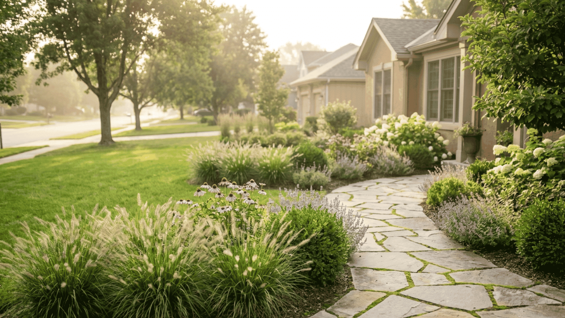 mixed flowering plants and green shrubs creating balanced textured garden landscape