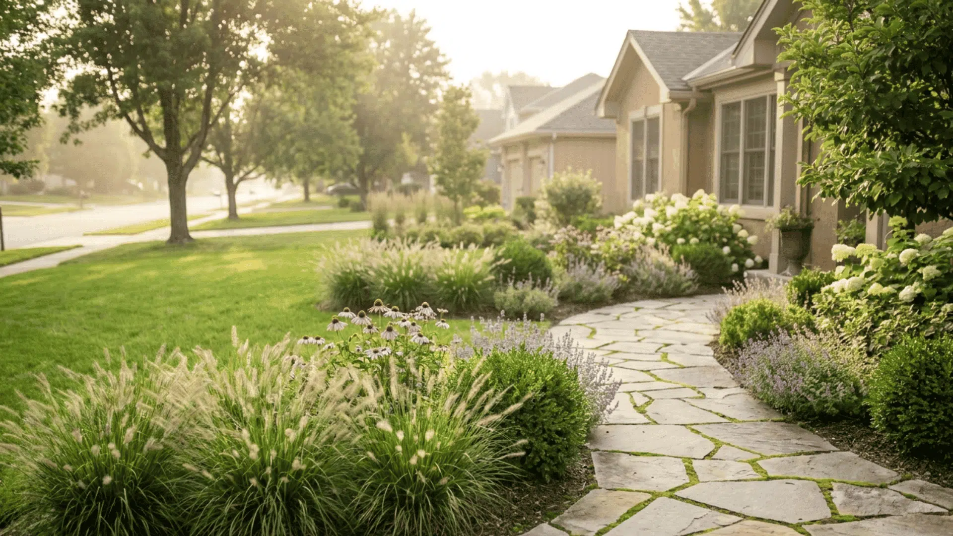 mixed flowering plants and green shrubs creating balanced textured garden landscape