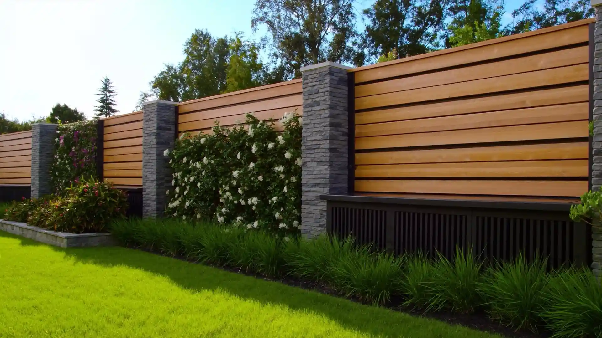 modern backyard fence with wood slats, stone columns, black framing, and landscaped greenery along the lawn