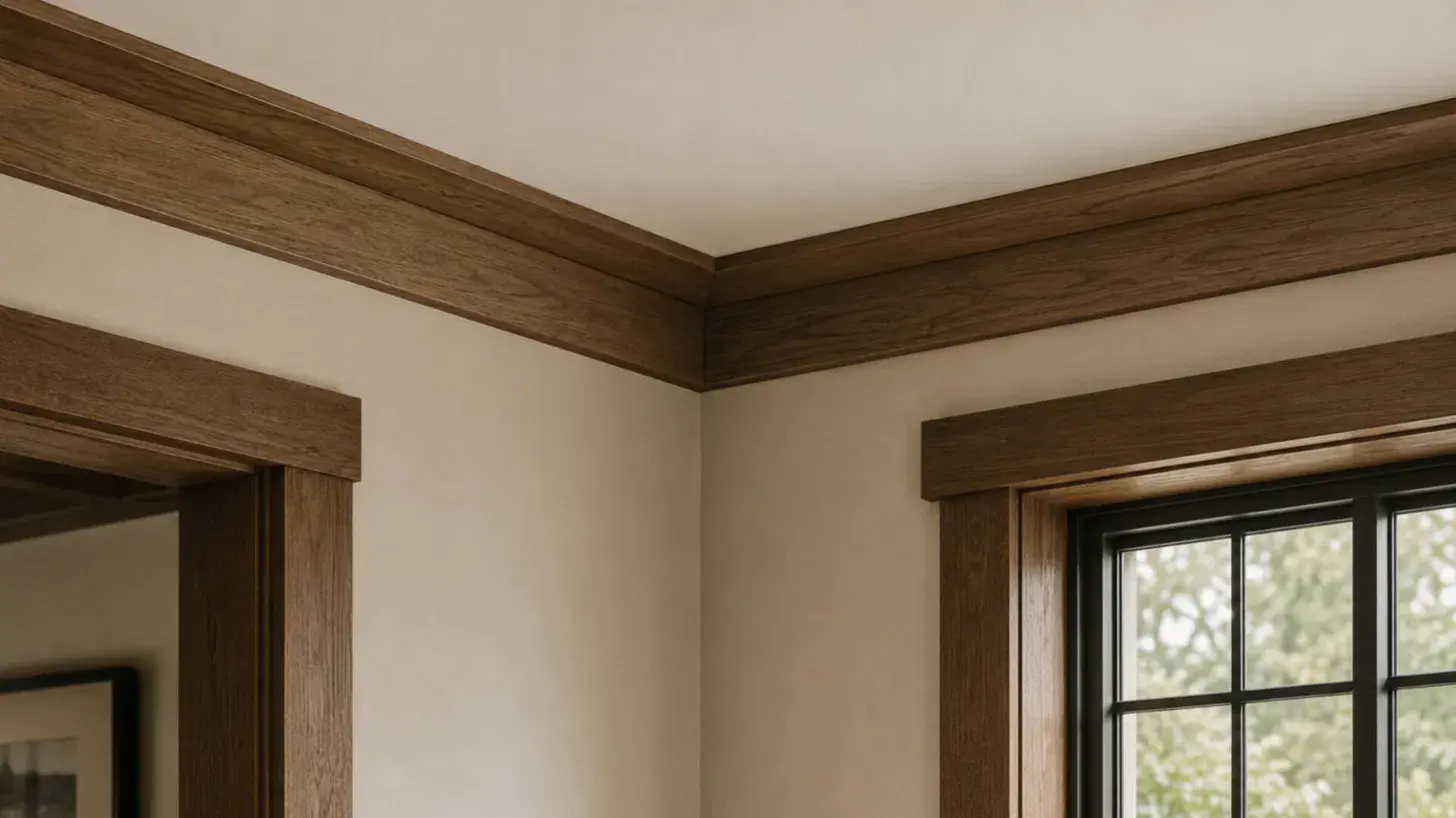 dark stained wood craftsman style crown molding in a corner with matching window trim