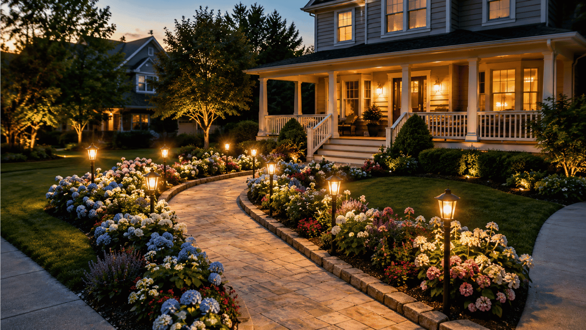 modern backyard garden with layered flower beds stone pathway and lush greenery