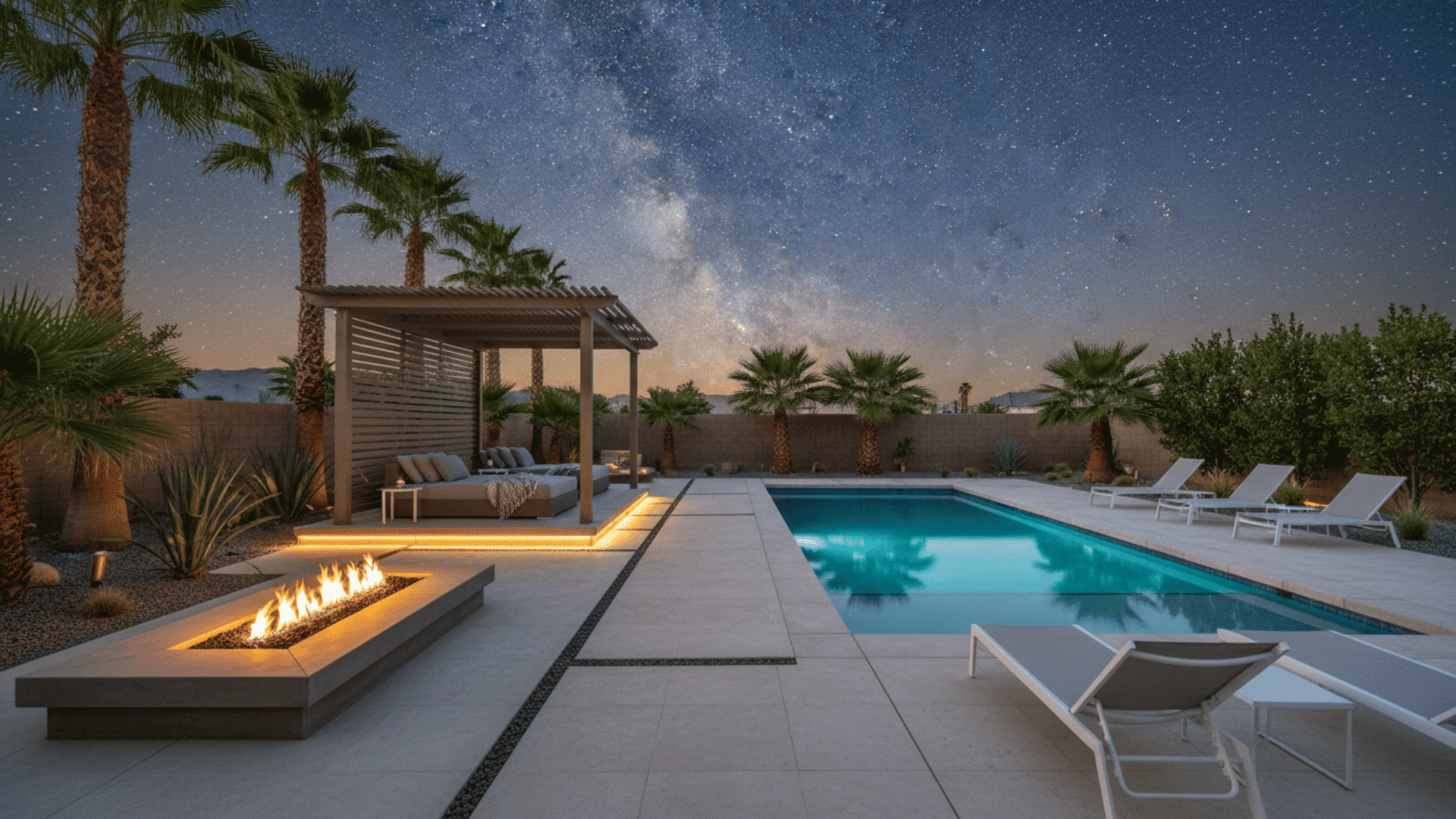 modern backyard pool area at night with a fire pit, lounge cabana, palm trees, and starry sky