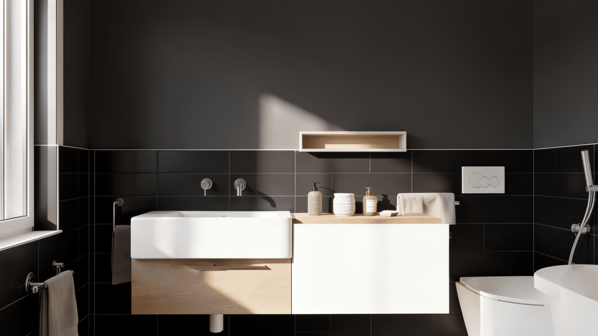 modern bathroom featuring a white sink and vanity against dark tiled walls with a toilet and bathtub visiblemodern bathroom featuring a white sink and vanity against dark tiled walls with a toilet