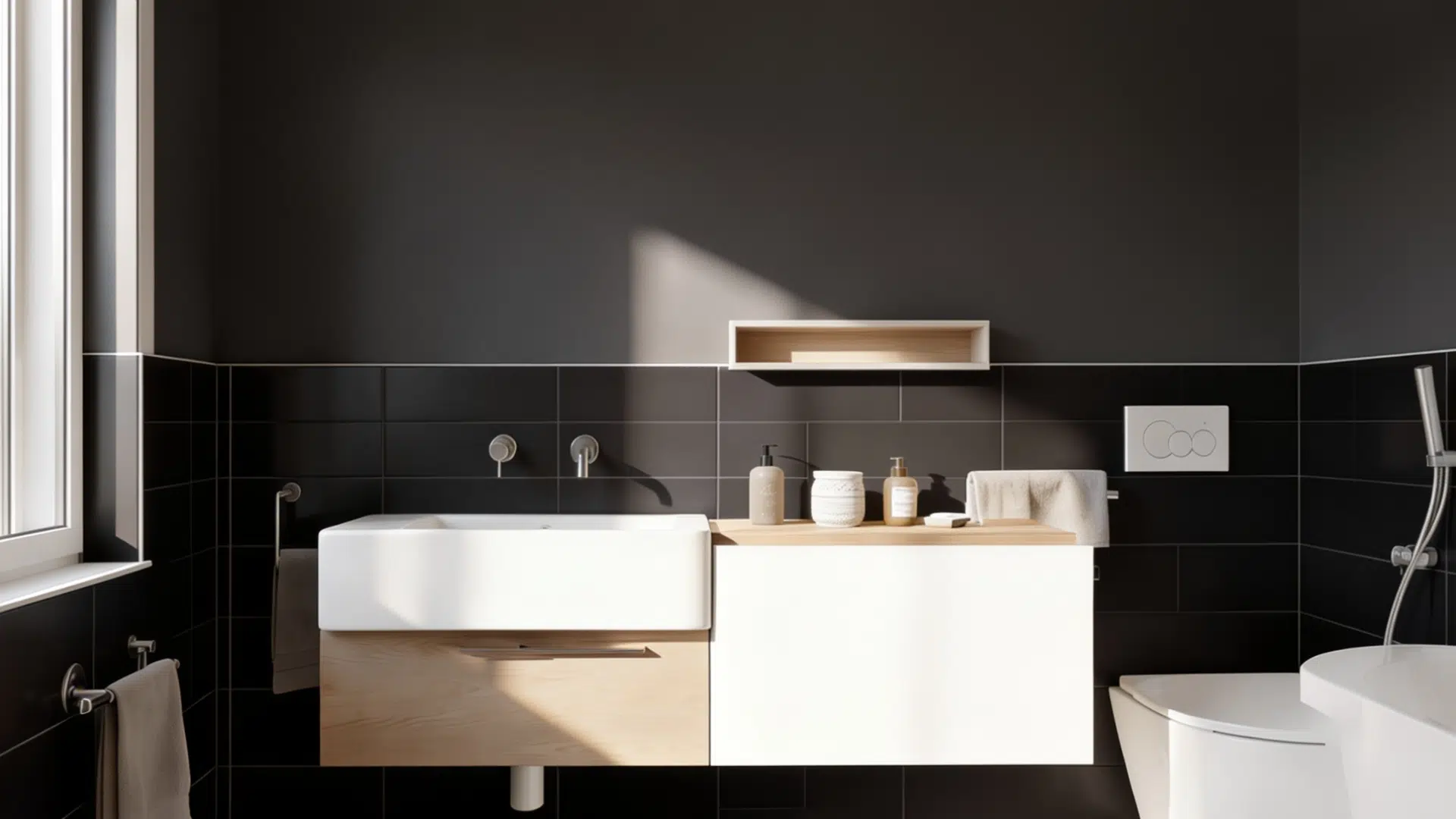 modern bathroom featuring a white sink and vanity against dark tiled walls with a toilet and bathtub visiblemodern bathroom featuring a white sink and vanity against dark tiled walls with a toilet
