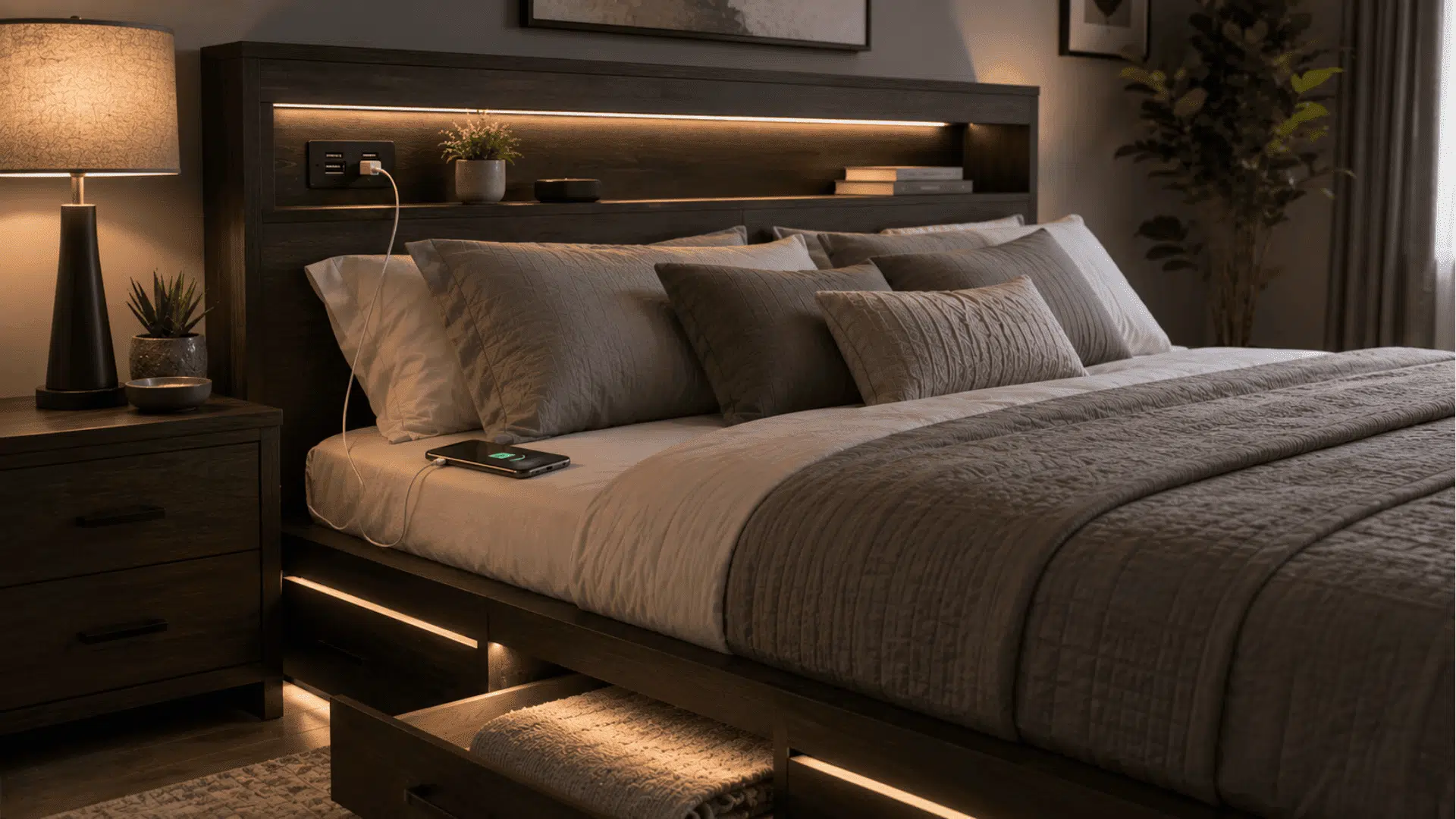 modern bed frame with built in usb charging ports offering convenient device charging beside the bed