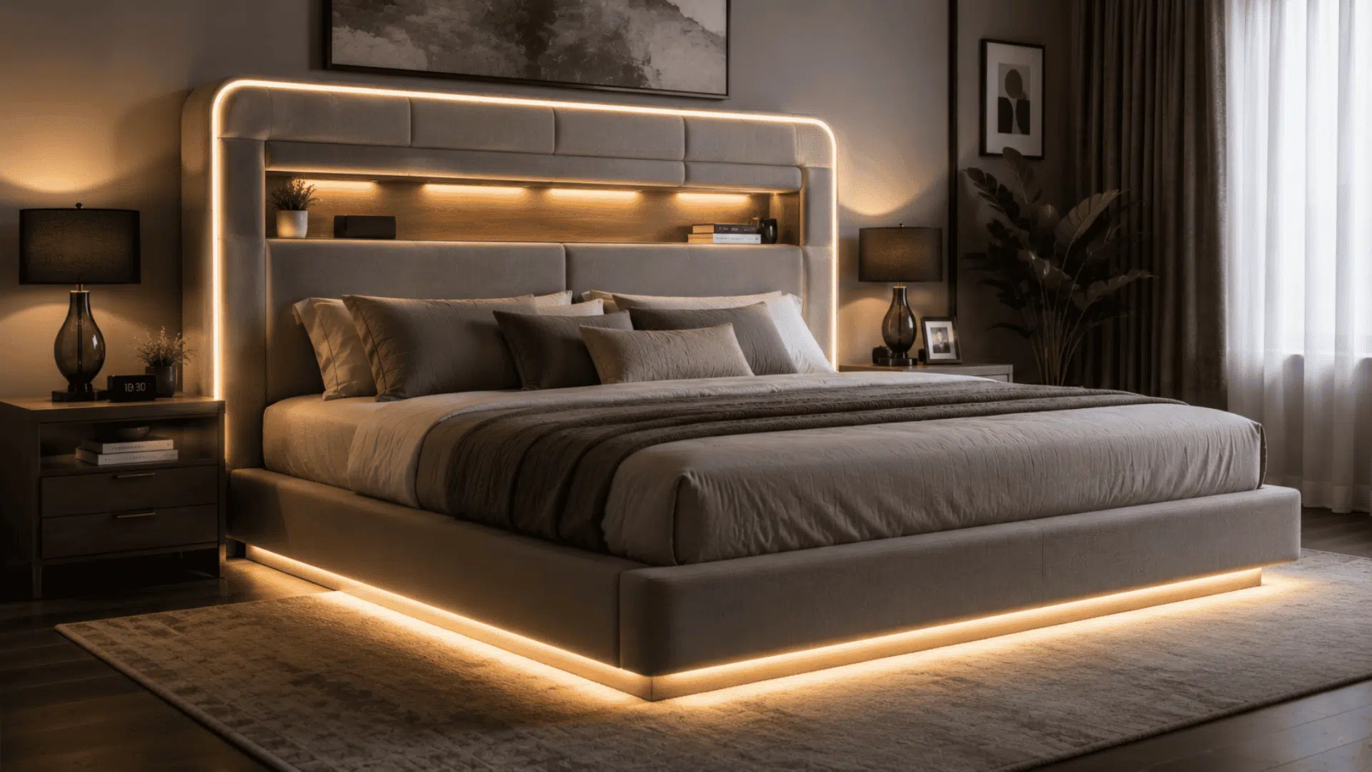 modern bed with integrated led lighting in the headboard and frame for soft nighttime visibility