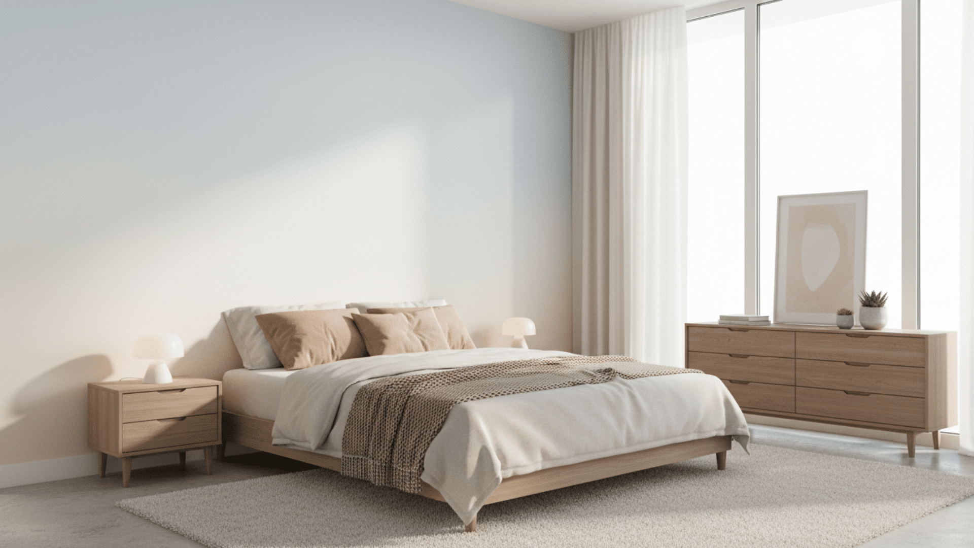 modern bedroom with soft blue ombre wall warm sunlight neutral decor and cozy bedding