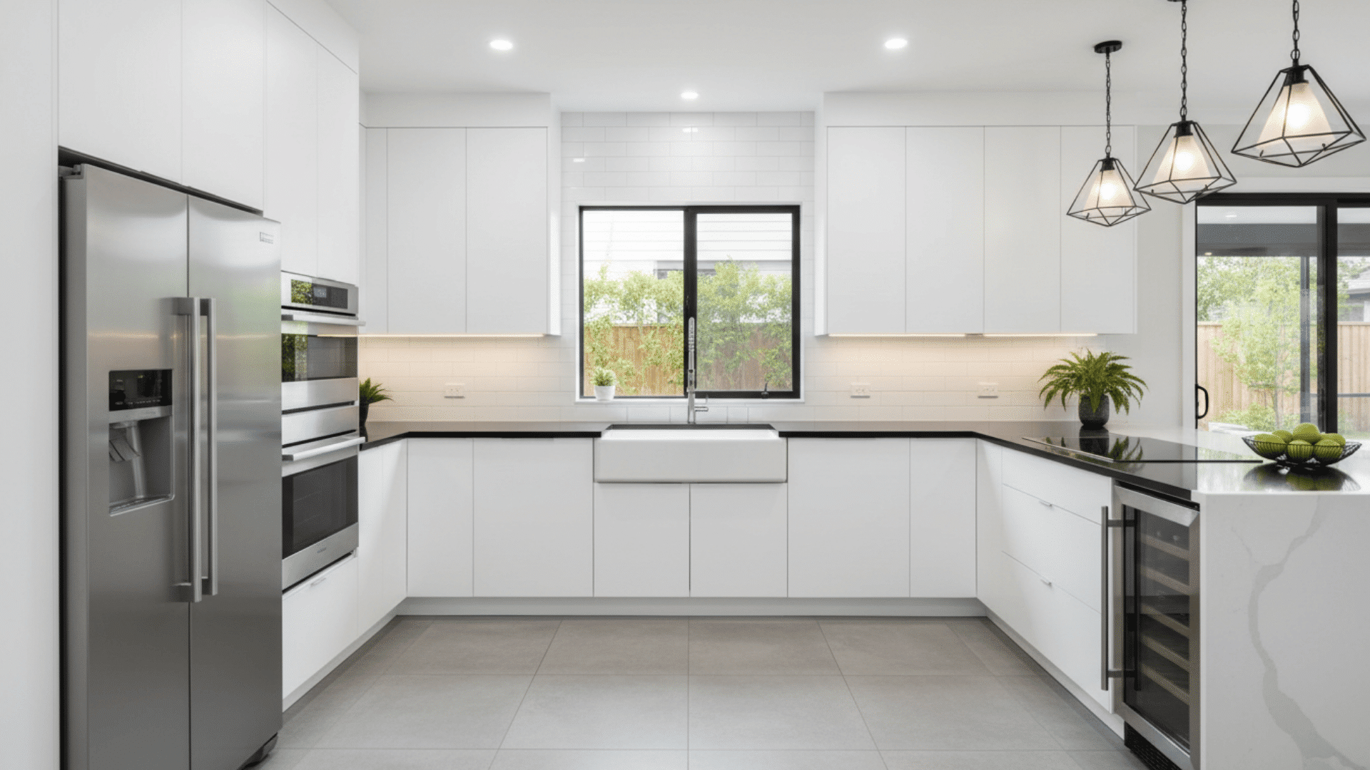 Modern black-and-white U-shaped kitchen with high-contrast counters and cabinetry.