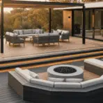 modern composite deck backyard with pergola fire pit seating and stylish outdoor lighting