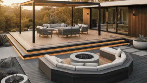 modern composite deck backyard with pergola fire pit seating and stylish outdoor lighting