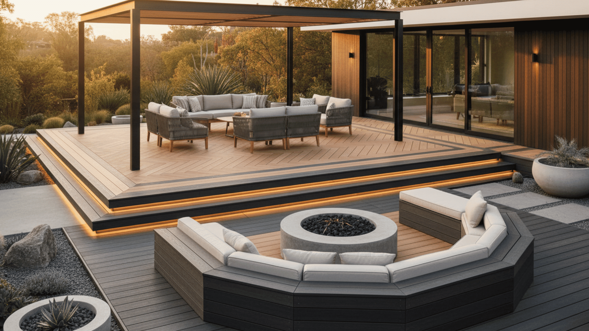 modern composite deck backyard with pergola fire pit seating and stylish outdoor lighting
