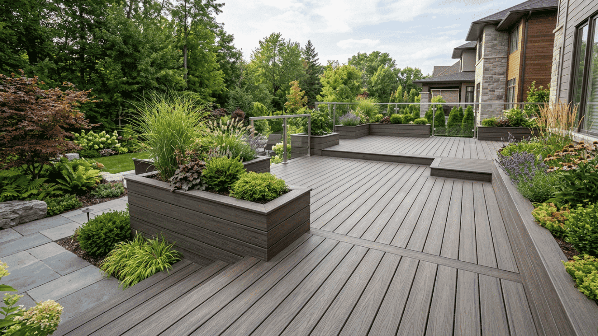 modern composite deck with built in planters shrubs and ornamental grasses around edges