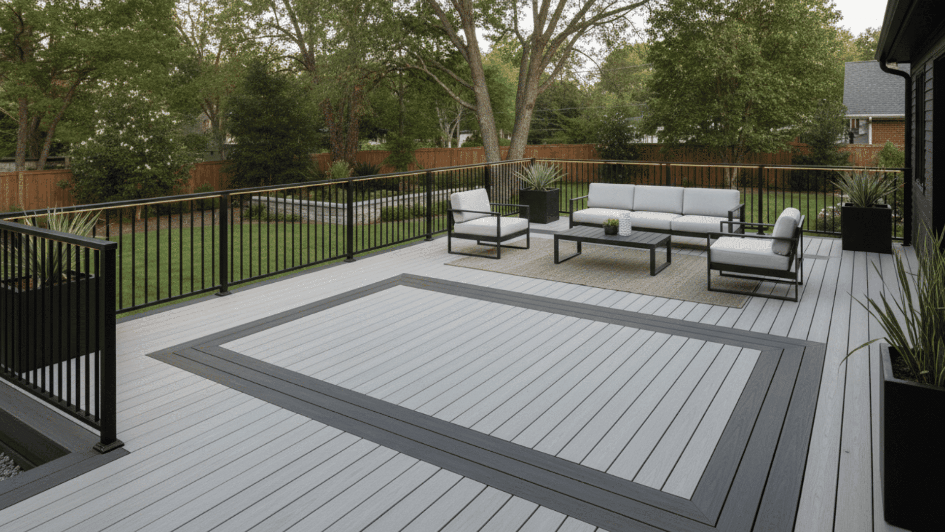 modern composite deck with dark picture frame borders and matching black outdoor railings
