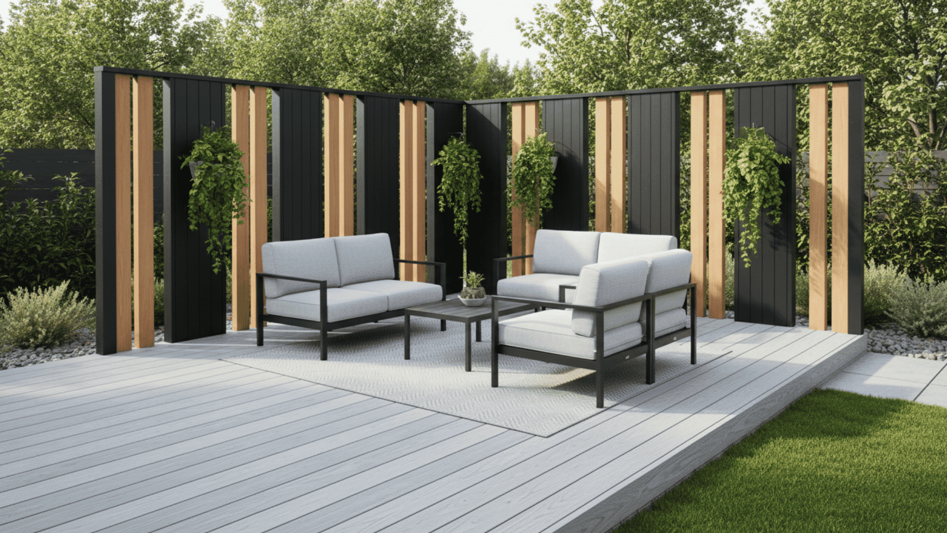 modern composite deck with vertical privacy screens greenery and outdoor seating