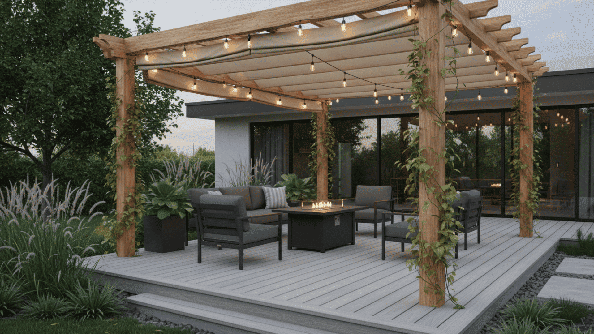 modern composite deck with wooden pergola retractable canopy and hanging lights