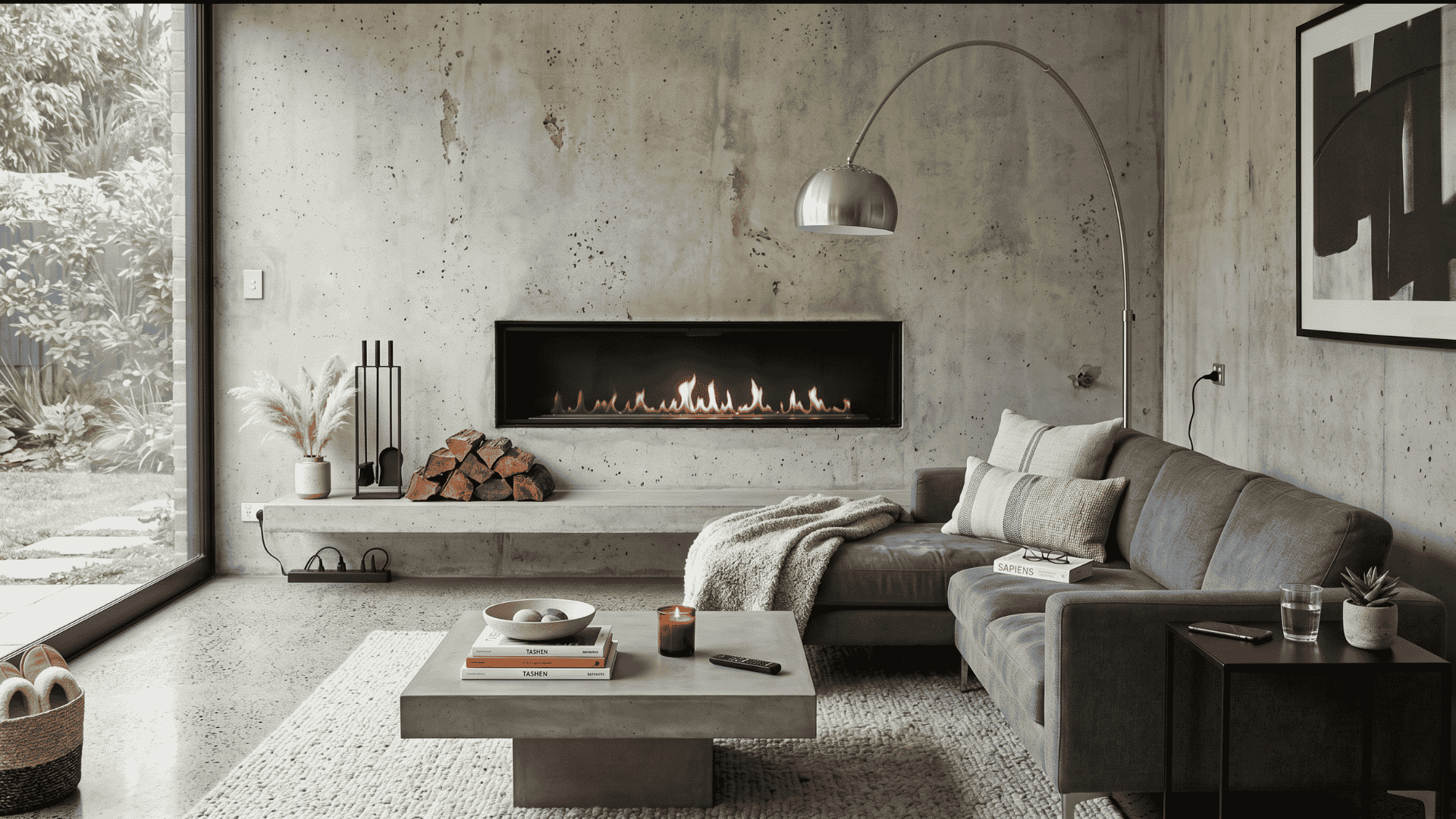 modern concrete fireplace in a minimalist living room with gray sectional sofa large windows and warm linear fire