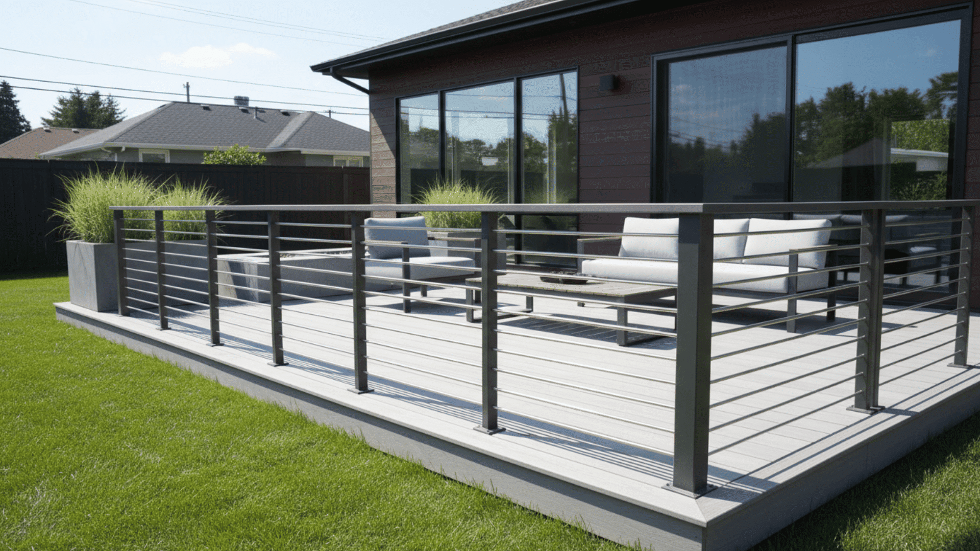modern deck with horizontal metal railing outdoor sofas and tall planters beside a dark house on a sunny lawn