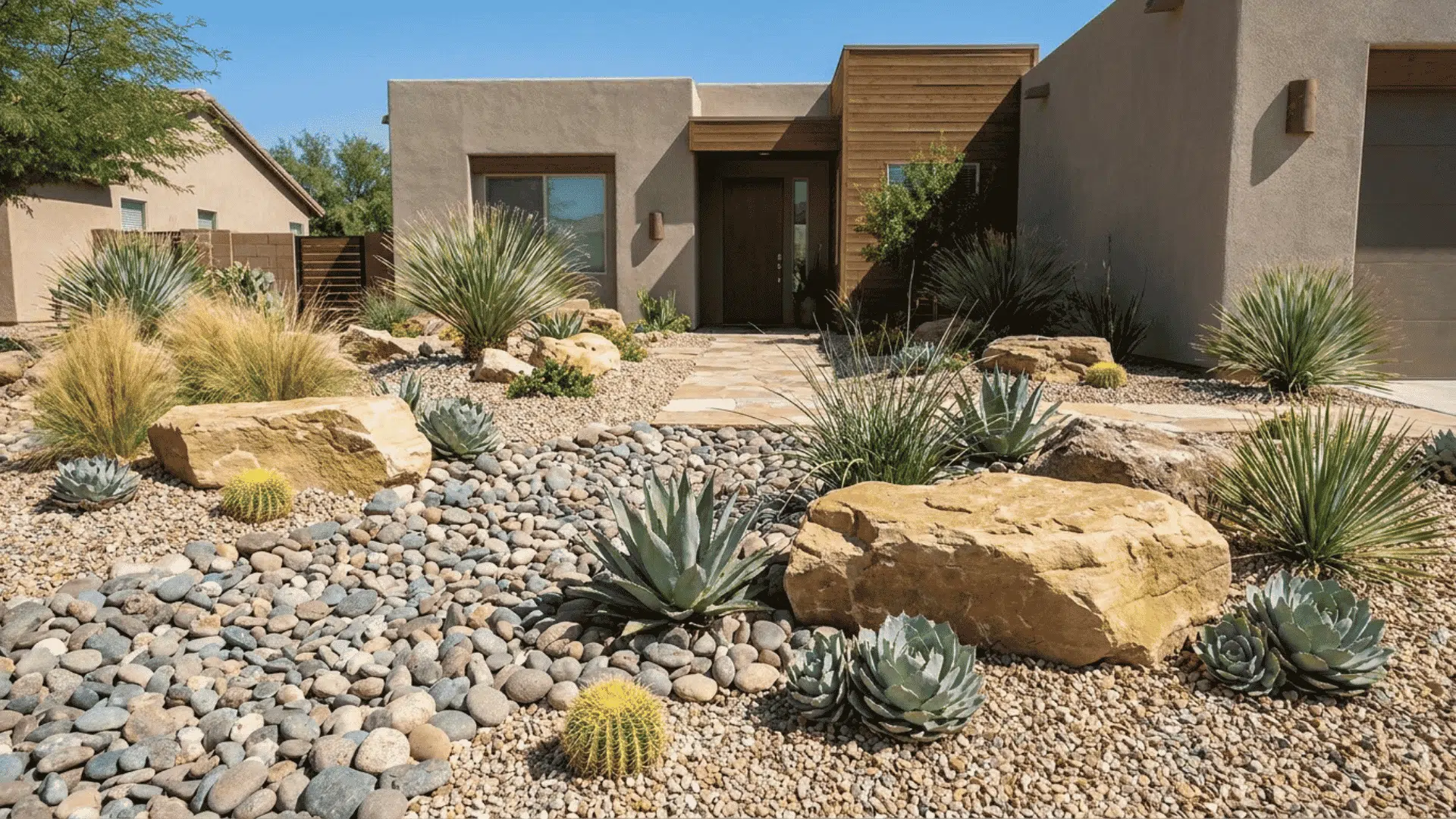modern desert style house with stone pathway surrounded by succulents cacti and decorative rocks in sunny yard