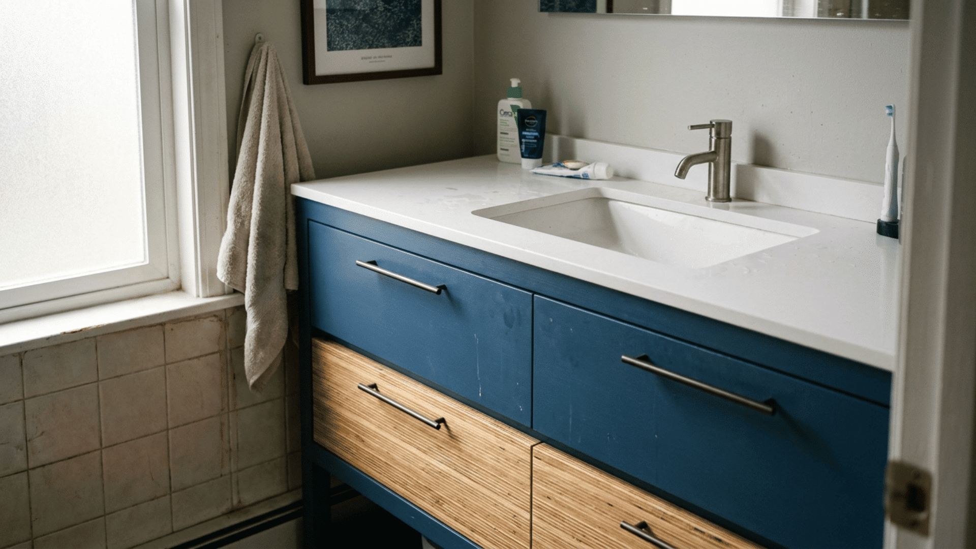 modern diy bathroom vanity with stacked bottom drawers in a bold flat color and slim pulls