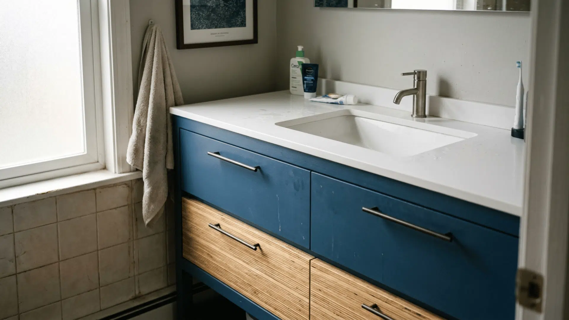 modern diy bathroom vanity with stacked bottom drawers in a bold flat color and slim pulls