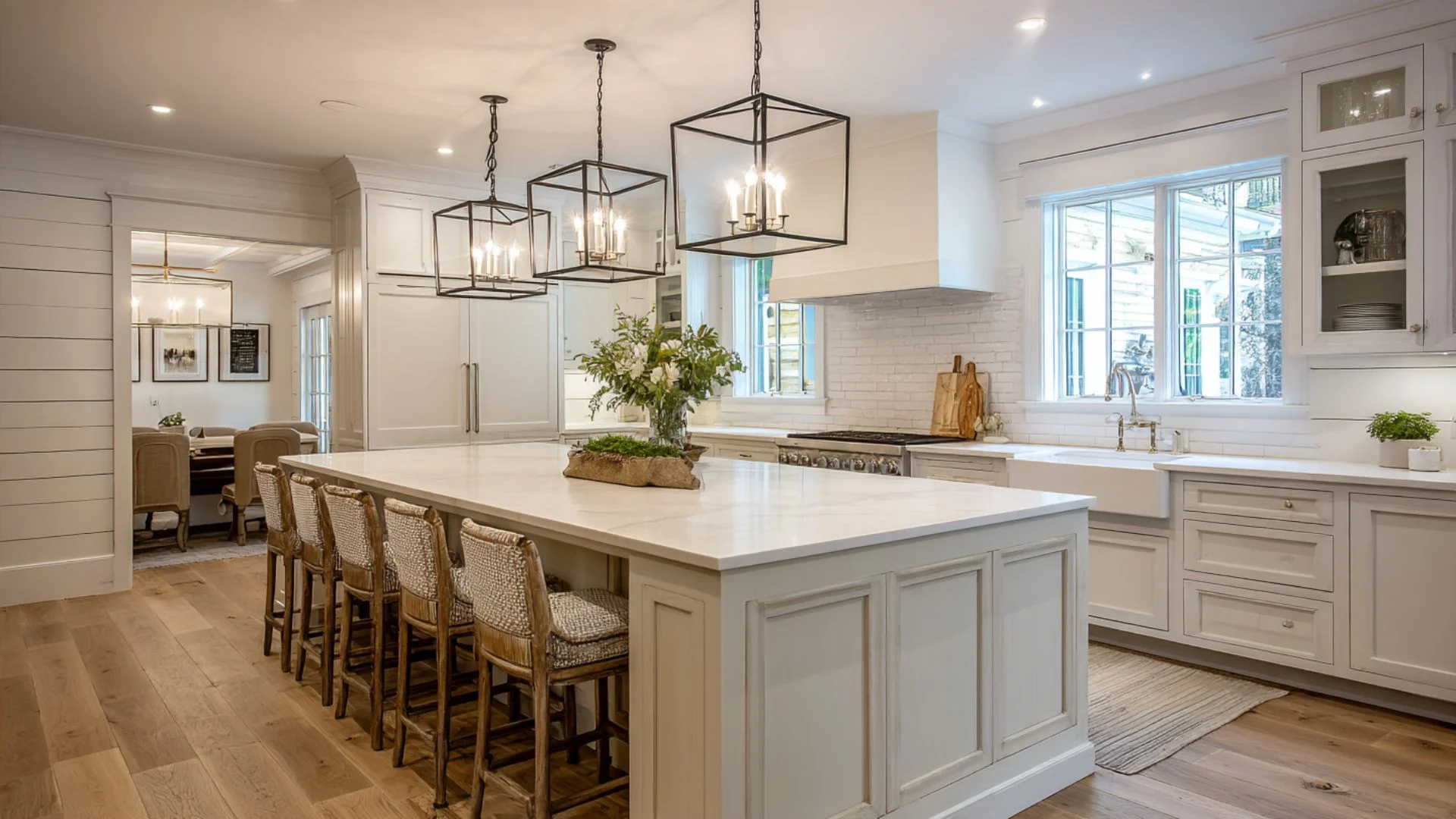 modern farmhouse kitchen island with white painted base, woven bar stools and black cage pendant lights above