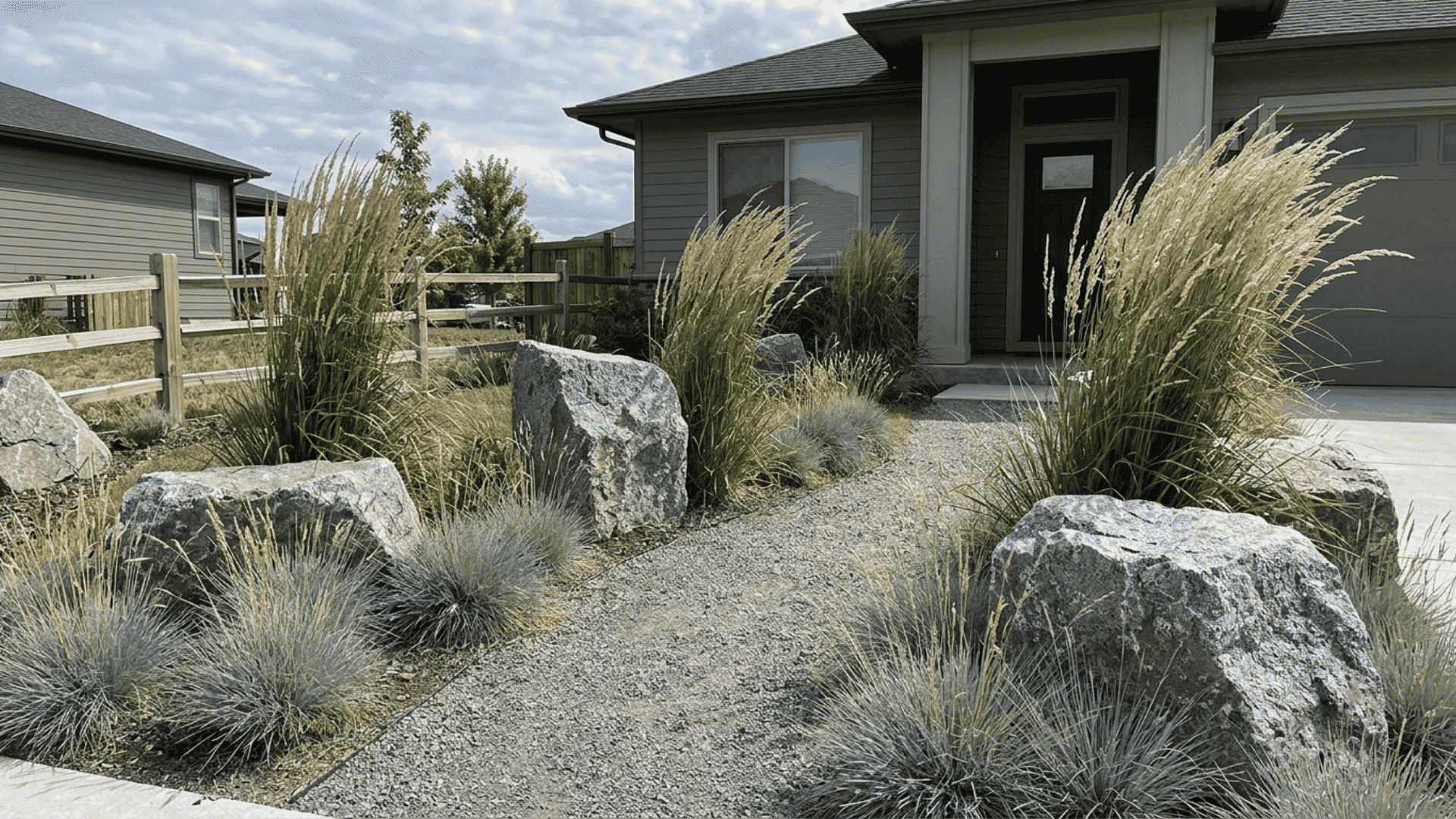 modern front yard with ornamental grasses large boulders and gravel pathway beside contemporary house