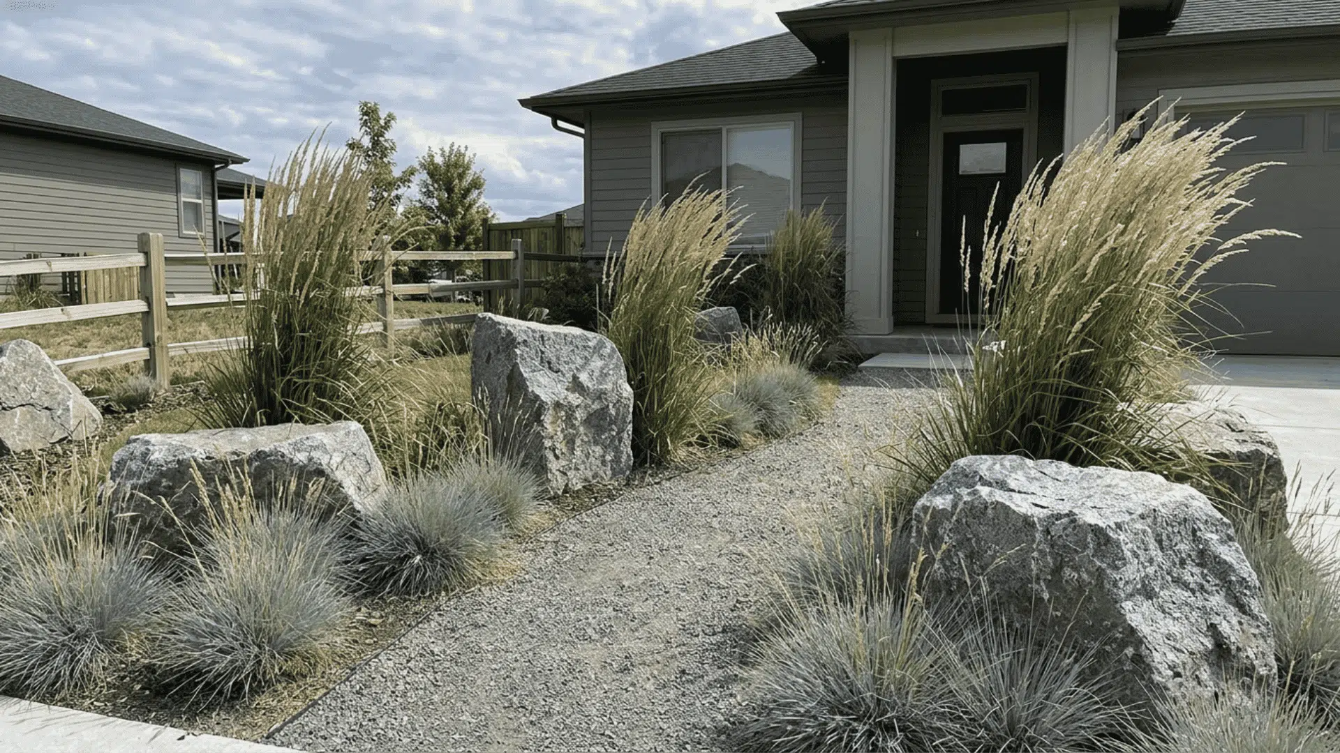 modern front yard with ornamental grasses large boulders and gravel pathway beside contemporary house