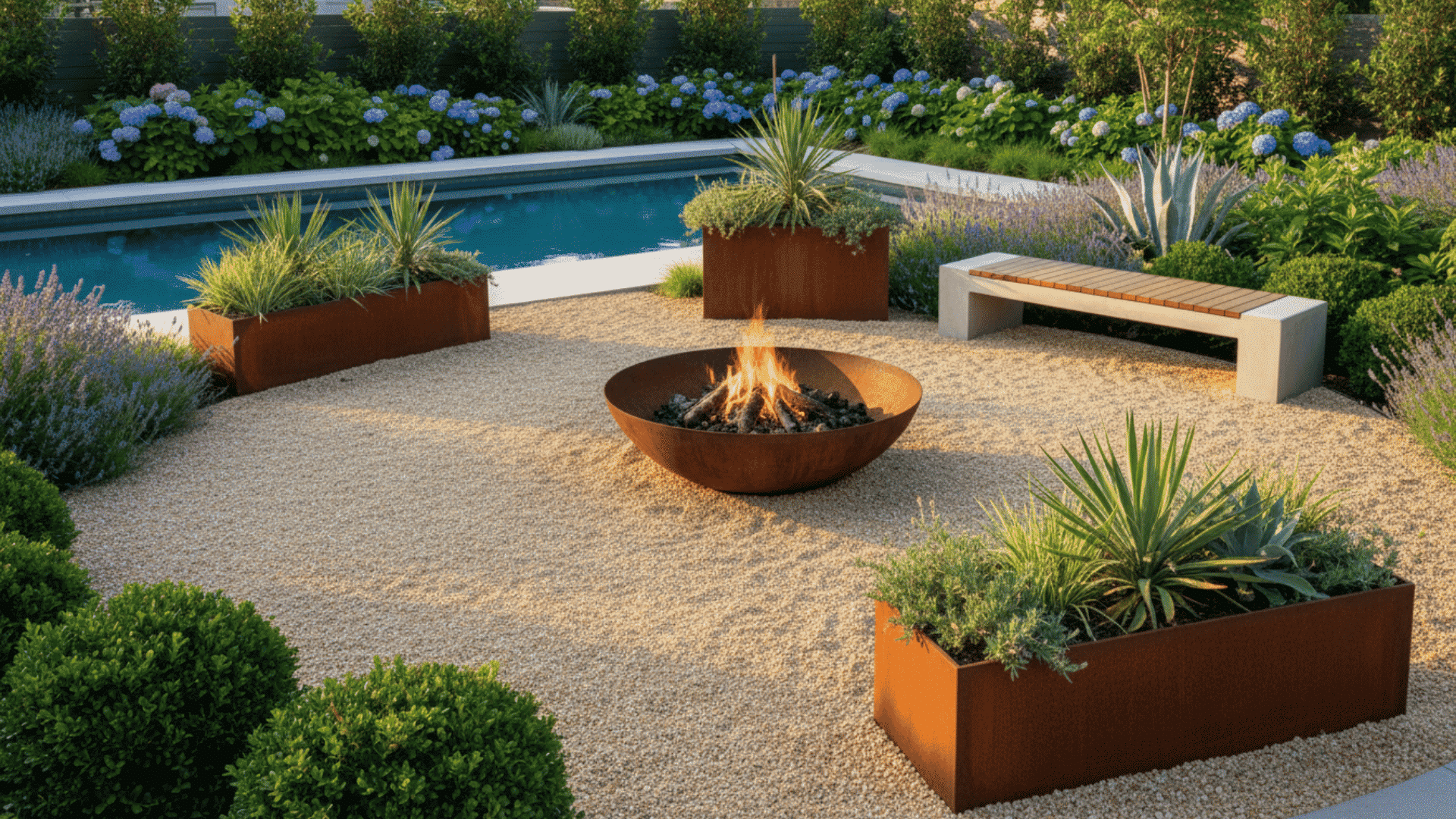 modern garden patio with a fire pit, gravel seating area, and pool in the background