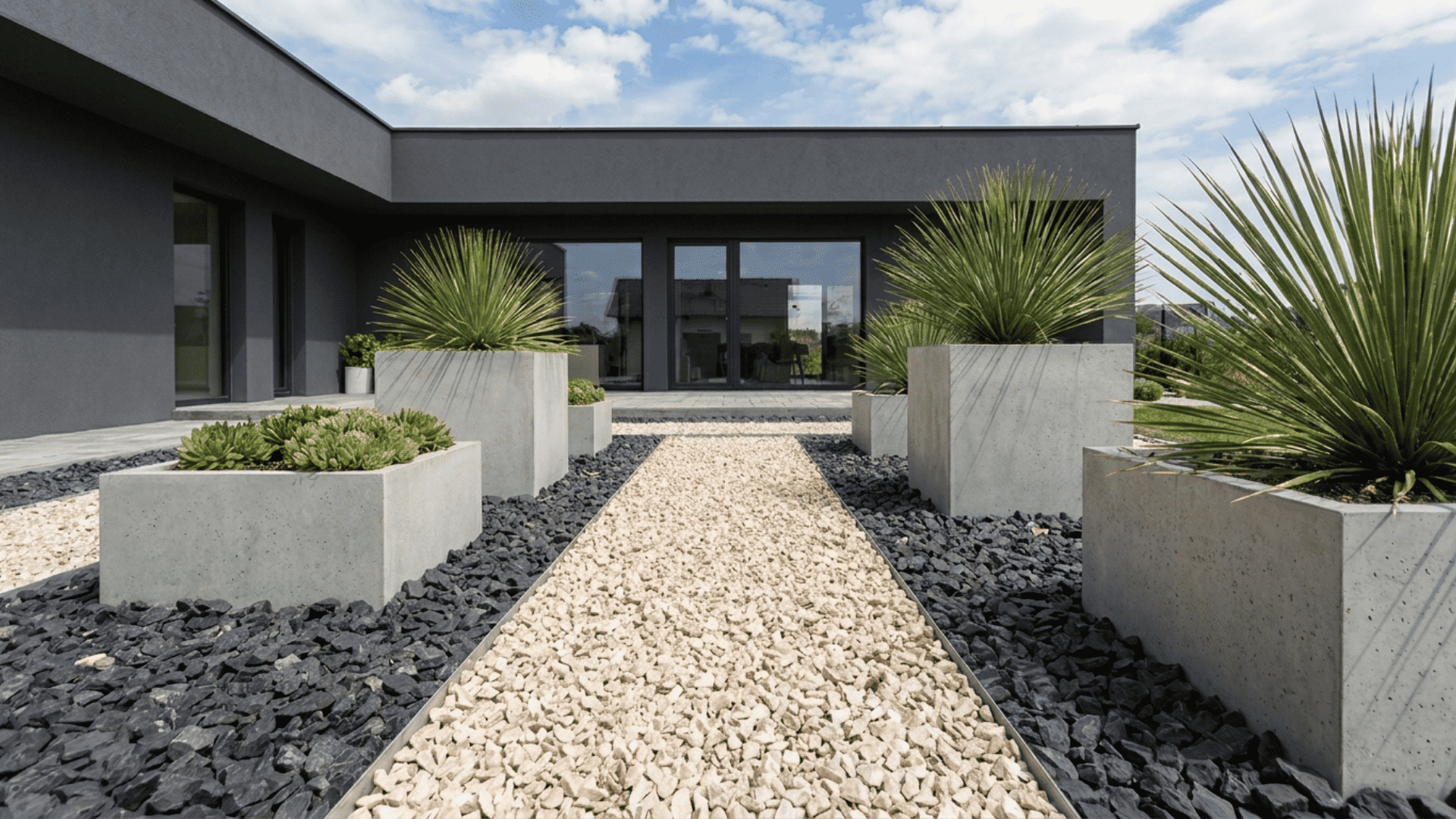 modern home entrance with gravel pathway concrete planters and desert plants under cloudy sky