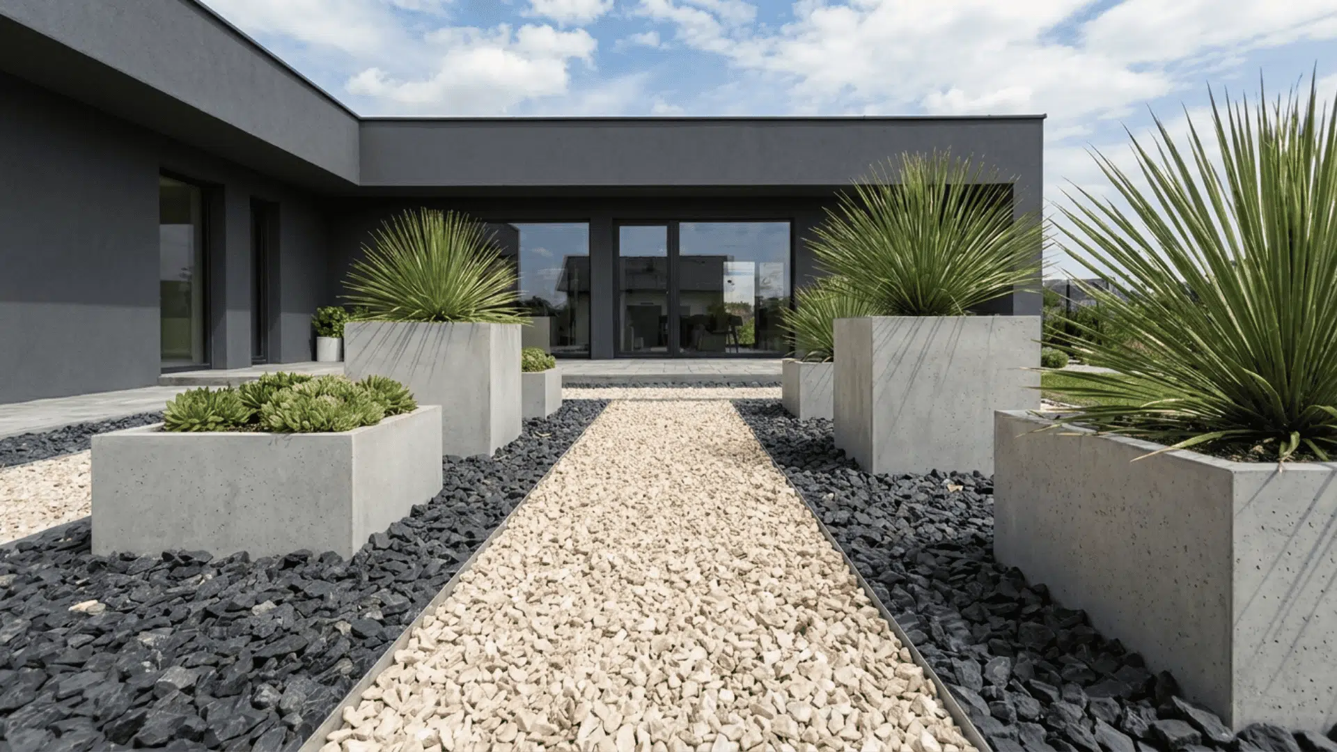 modern home entrance with gravel pathway concrete planters and desert plants under cloudy sky