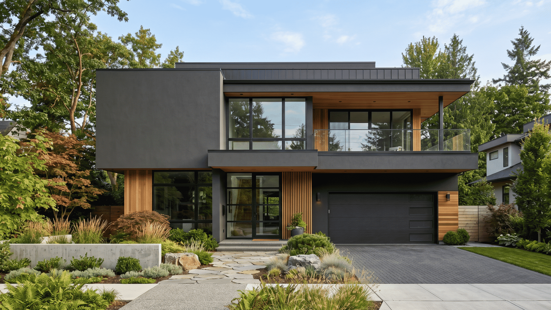 modern home exterior painted in iron ore with wood accents large windows landscaped front yard and driveway