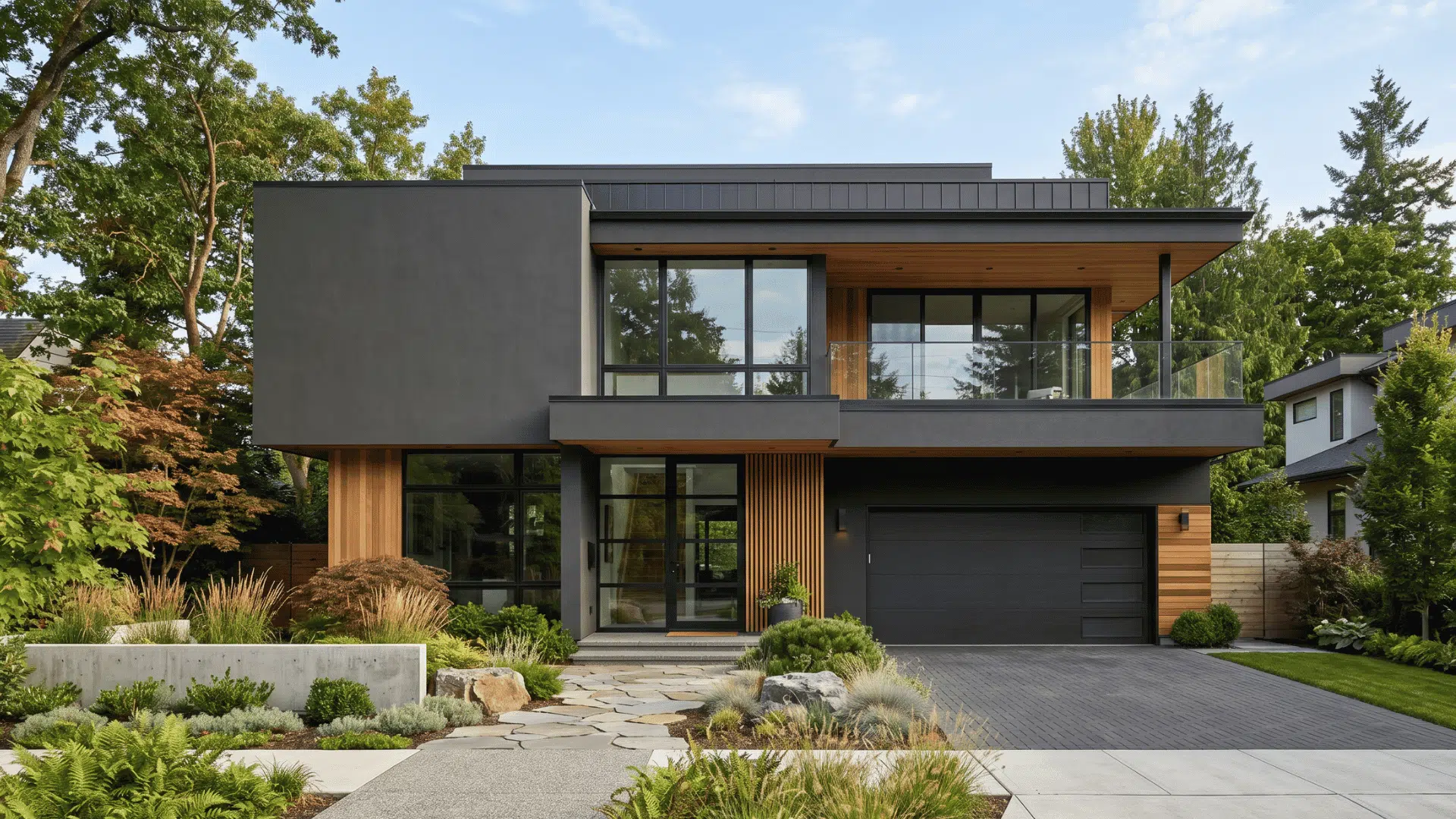 modern home exterior painted in iron ore with wood accents large windows landscaped front yard and driveway