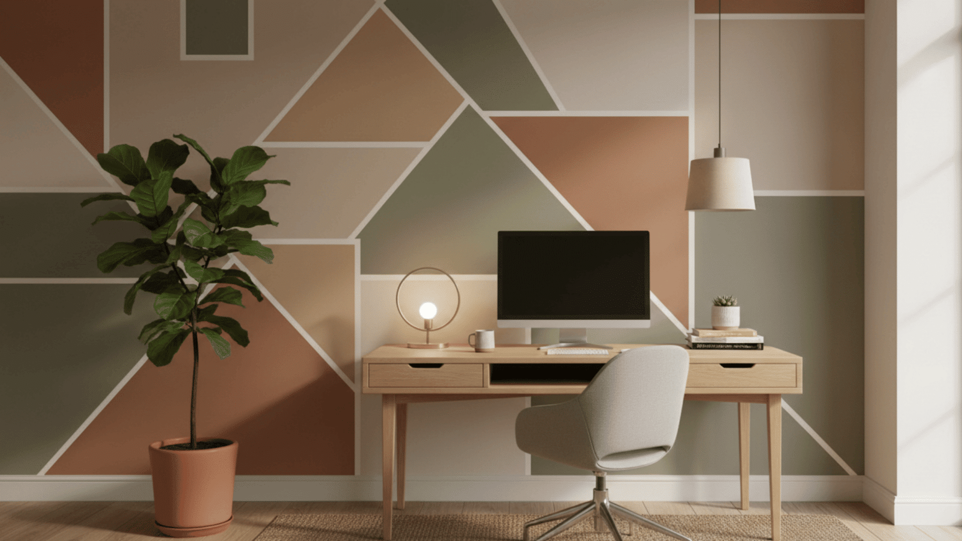 modern home office with geometric painted wall earthy tones and cozy workspace decor