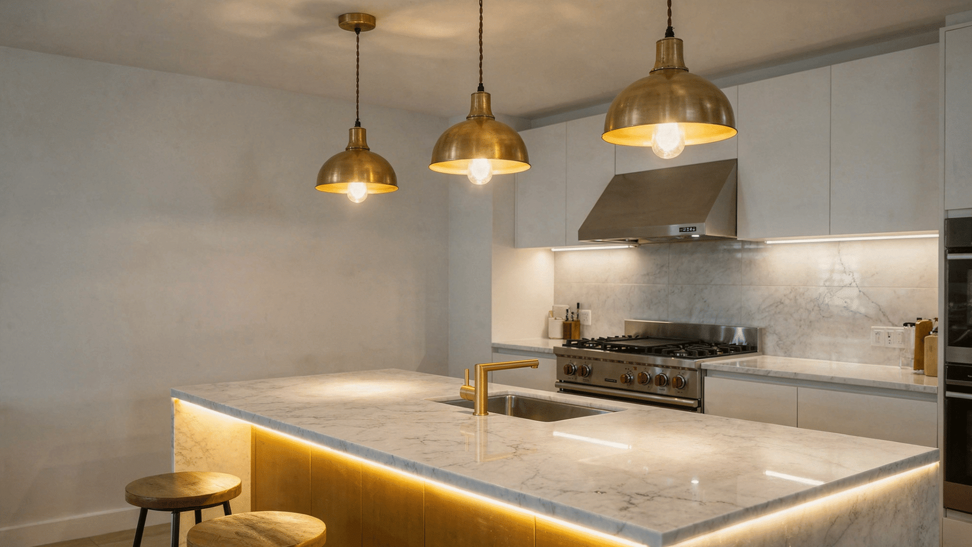 modern kitchen with brass pendant lights above island and warm under cabinet led strips in evening light