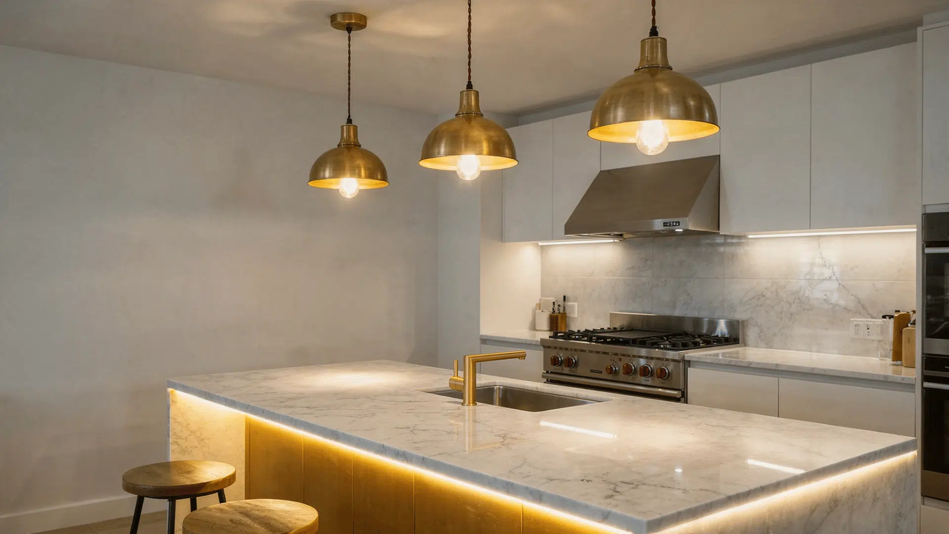 modern kitchen with brass pendant lights above island and warm under cabinet led strips in evening light