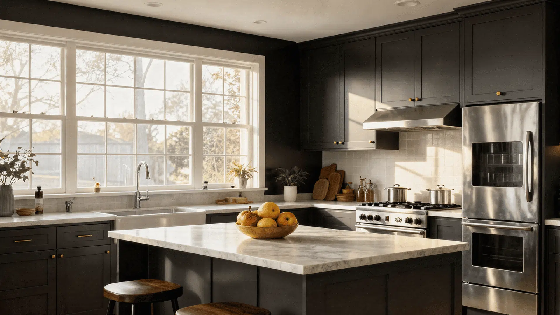 modern kitchen with dark cabinets a large island with a marble countertop stainless steel appliances